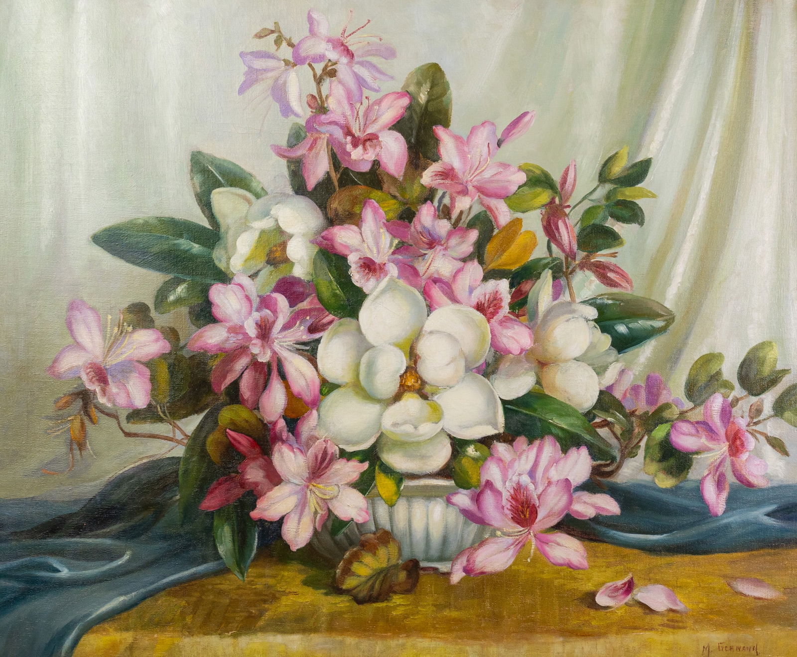Floral Still Life, Oil on Canvas: Signed M. Germany, this floral still life features a bouquet comprised of magnolia and azalea flowers, arranged in a white ceramic vessel, surrounded a draped fabric in shades of muted blue, creating