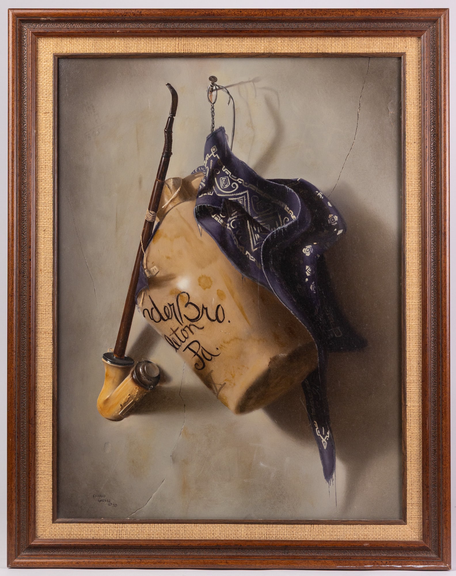 Gerald Gatski | (20th c.) Still Life Oil on Board: Gerald Gatski is an American artist originally from Pennsylvania known for his highly detailed realism in the style of the Dutch masters, even going so far as to make his own paints, panels and frames