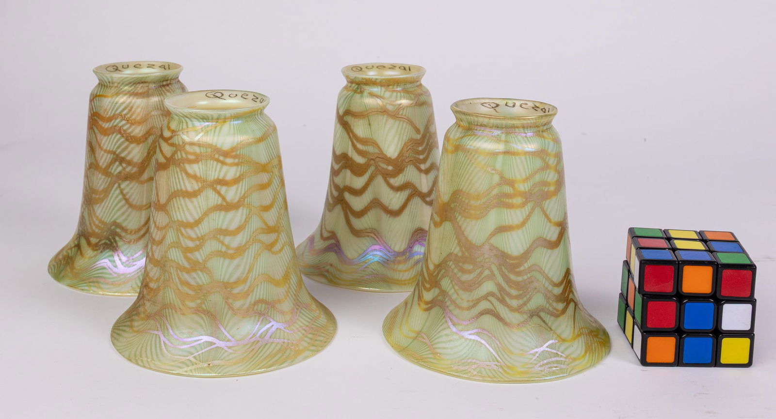 Quezal | (4) Iridescent Pulled Feather Glass Shades - 2