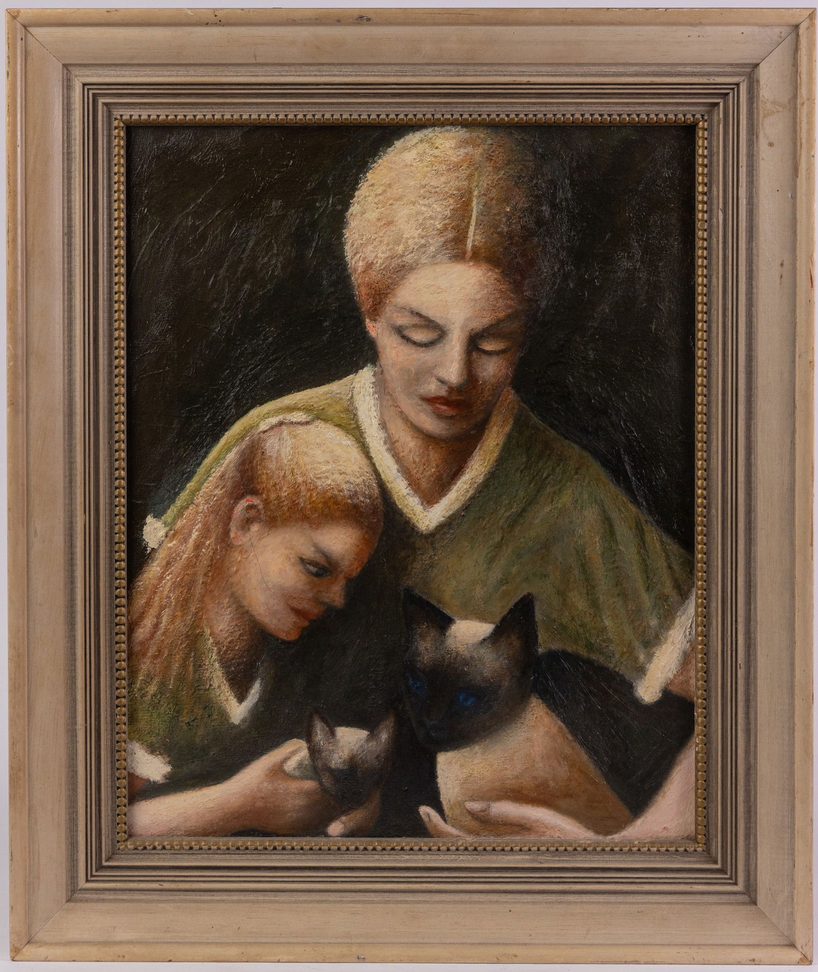 Mother and Daughter with Cats, Oil on Canvas: Featuring a mother and daughter mirrored by an adult siamese cat and her kitten, this portrait has been skilfully painted in a semi-impressionistic style, with thick, textured, somewhat impasto-style