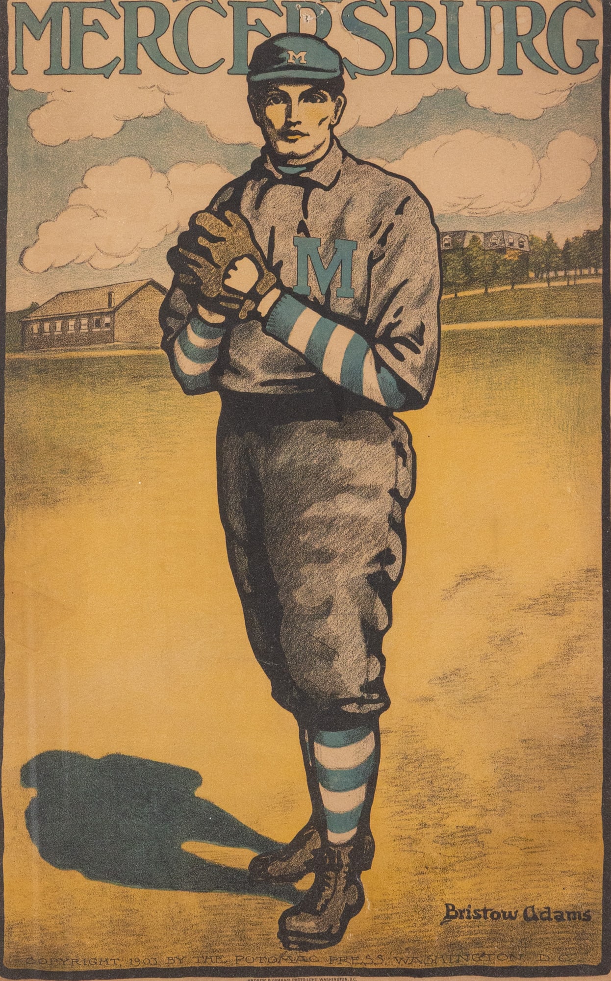 Bristow Adams (1875-1956) | Poster for Mercersburg Baseball, Printed by Andrew B. Graham: A journalist, professor at Cornell, forester, and American illustrator, Bristow Adams was a man of many talents, one of which was creating skillfully rendered posters for Ivy League universities and