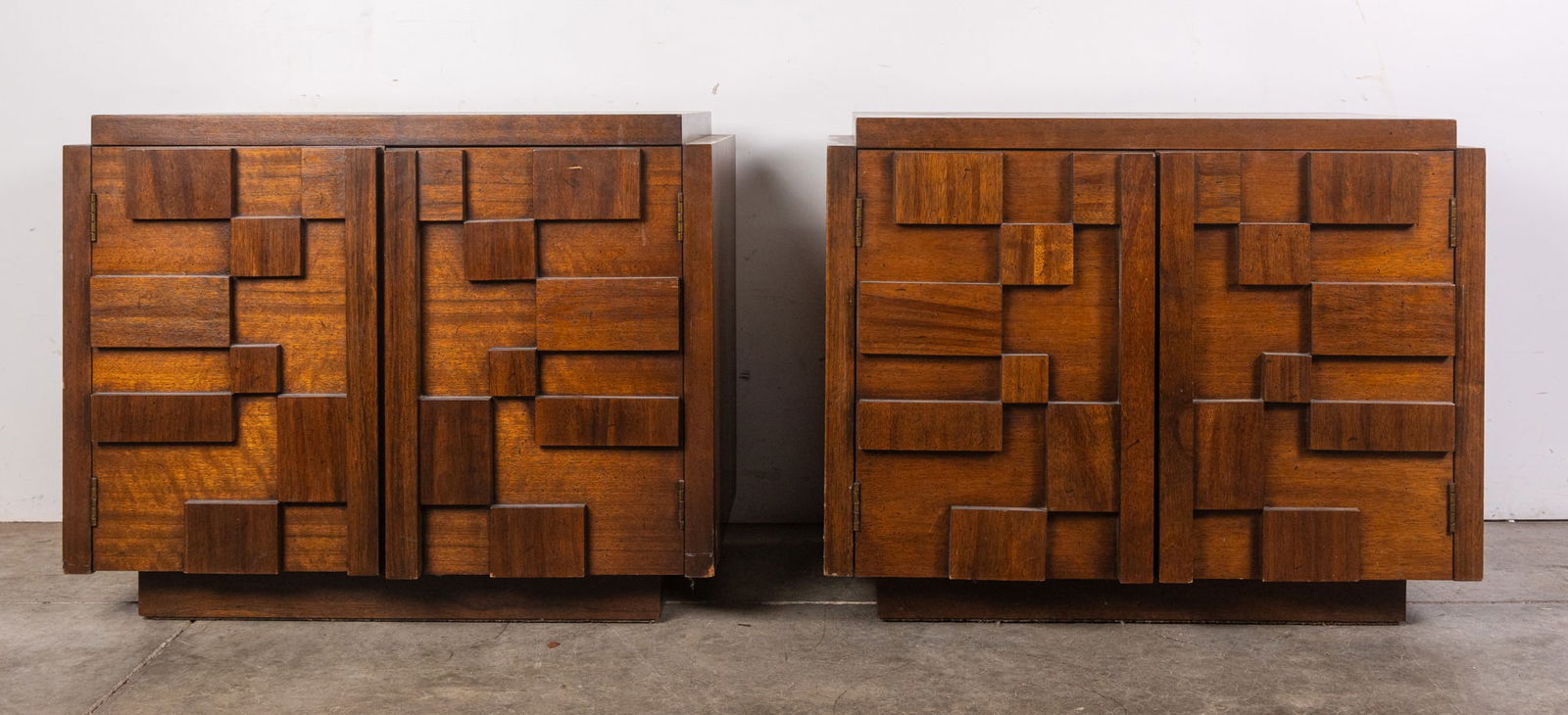 Lane | Pair of "Staccato" Brutalist Nightstands: The Lane “Staccato” line is a striking example of mid‑century American design, marking a bold shift for Lane Furniture with its sculptural, Brutalist-inspired forms. Launched in the