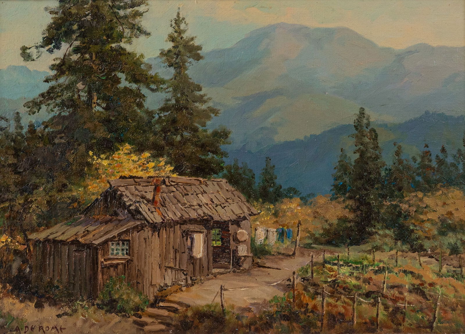 Albert DeRome (1885-1984) | "Martin Cabin on Los Gatos, Santa Cruz": Albert Thomas DeRome (1885-1959) was an American painter from California, notable for his work in oil and watercolor depicting American landscapes. This piece, titled "Martin Cabin on Los Gatos, Santa