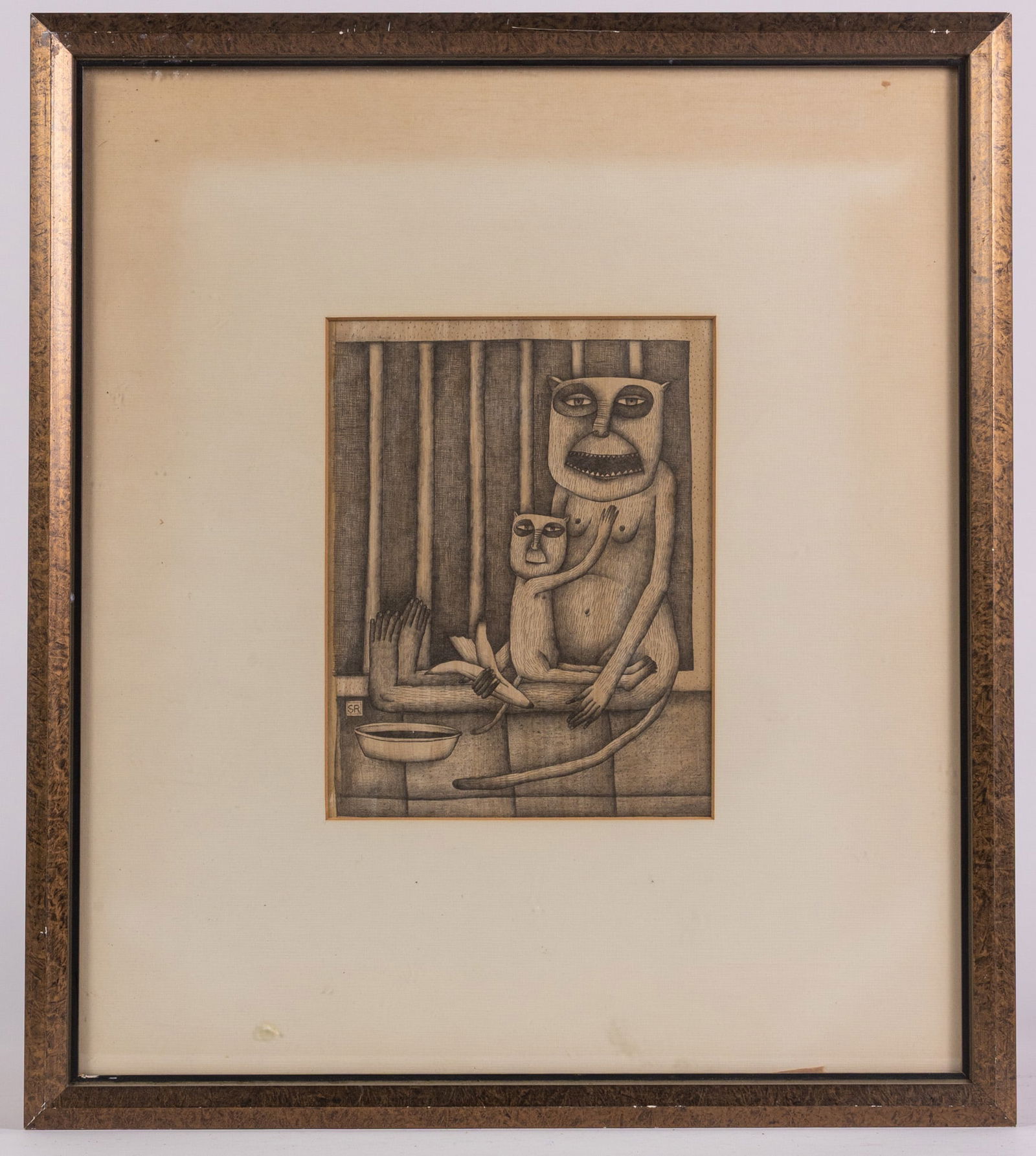 Original Graphite Illustration of Two Monkeys: A unique piece, this work features two simian figures, an adult monkey and presumably their child, sitting against the bars of an enclosure, the adult monkey holding a peeled banana. They are both
