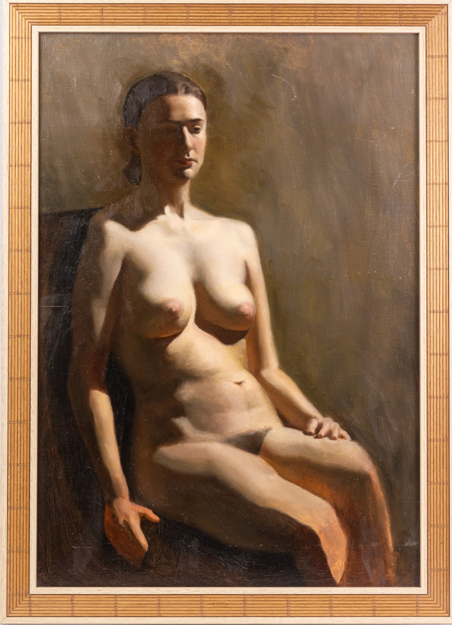 Tom Ouellette (b. 1954) | Attributed Original Oil on Board of a Nude Female Figure: Tom Ouellette is an American oil painter known for his exceptional realist paintings. Originally from Cambridge, Massachusetts, he attended both Harvard University and the Art Institute of Boston. He