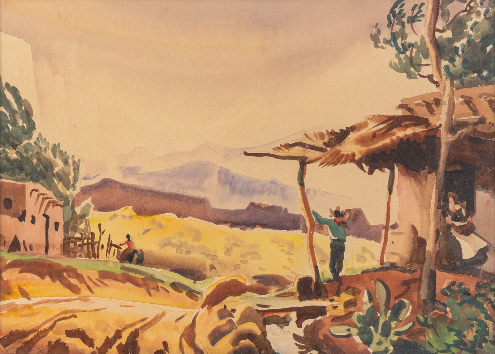 Frank N. Wilcox (1887-1964) | "Afternoon Downpour, New Mexico", Original Watercolor: Frank Nelson Wilcox was a modernist American artist and a master of watercolor, sometimes described as the "Dean of Cleveland School painters". In this piece, he has skillfully arranged a scene in