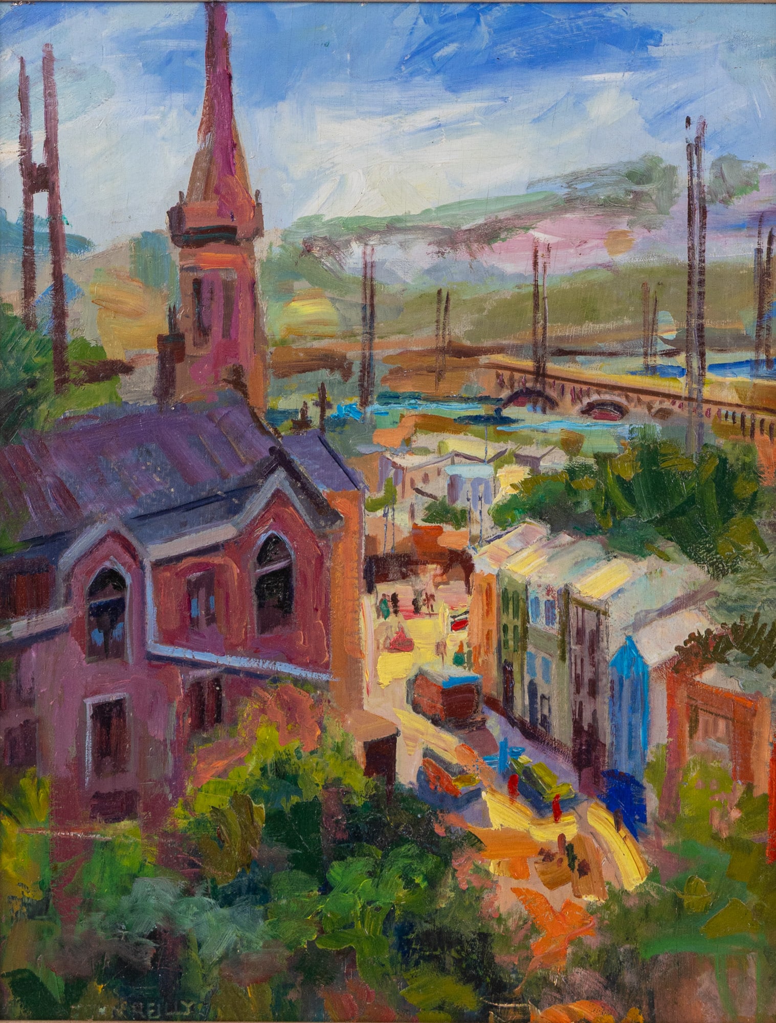 John Reilly (NJ, 1942-2021) | Manayunk Landscape Scene on Board Framed: A warm spring or summer landscape of Manayunk by John Reilly, executed on board and presented in frame. Showcasing Reilly’s signature attention to atmosphere and detail, this work exemplifies