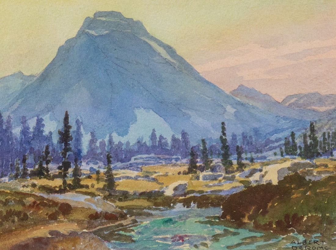 Albert DeRome (1885-1984) | "Bubbs Creek Below Center Basin", Original Watercolor: Albert Thomas DeRome (1885-1959) was an American painter from California, notable for his work in oil and watercolor depicting American landscapes. This piece, titled "Bubbs Creek Below Center Basin"