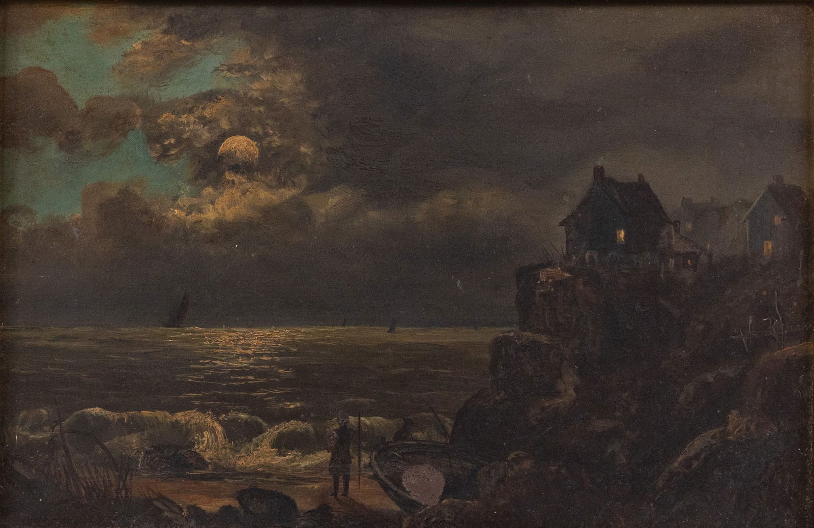 Antique Oil on Board, Nighttime Ocean Scene: This antique oil painting depicts a haunting, atmospheric scene of a figure staring out into the ocean under the light of a full moon. It is unsigned by the original artist, but likely dates to the