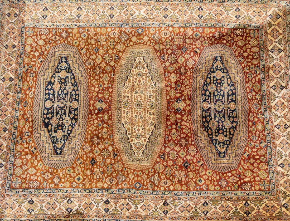 Hand Knotted Bokhara Oriental Area Rug: This richly colored rug features tones of terracotta, ivory, navy blue & olive. Country of Origin: India. 100% Wool PileSize124" x 98"LiteratureBrooks Auction – Online Auction Terms &