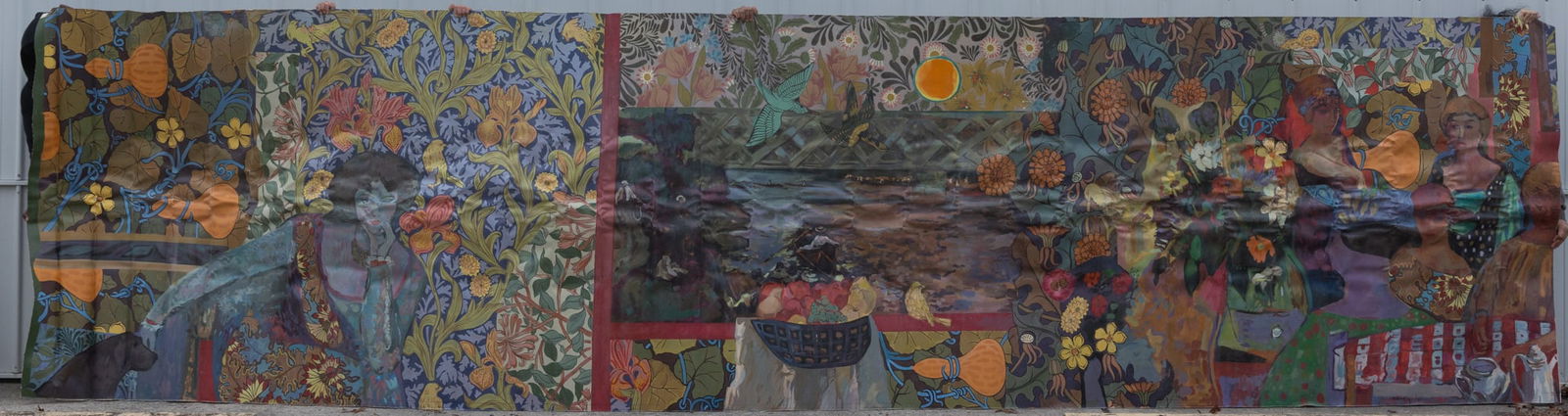 23' Mural Sized Original Oil on Canvas: Mural sized canvas featuring floral patterns in the style of William Morris as well as botanical additions, flying birds, and female figures dining together, enjoying a cup of tea. Fair amount of