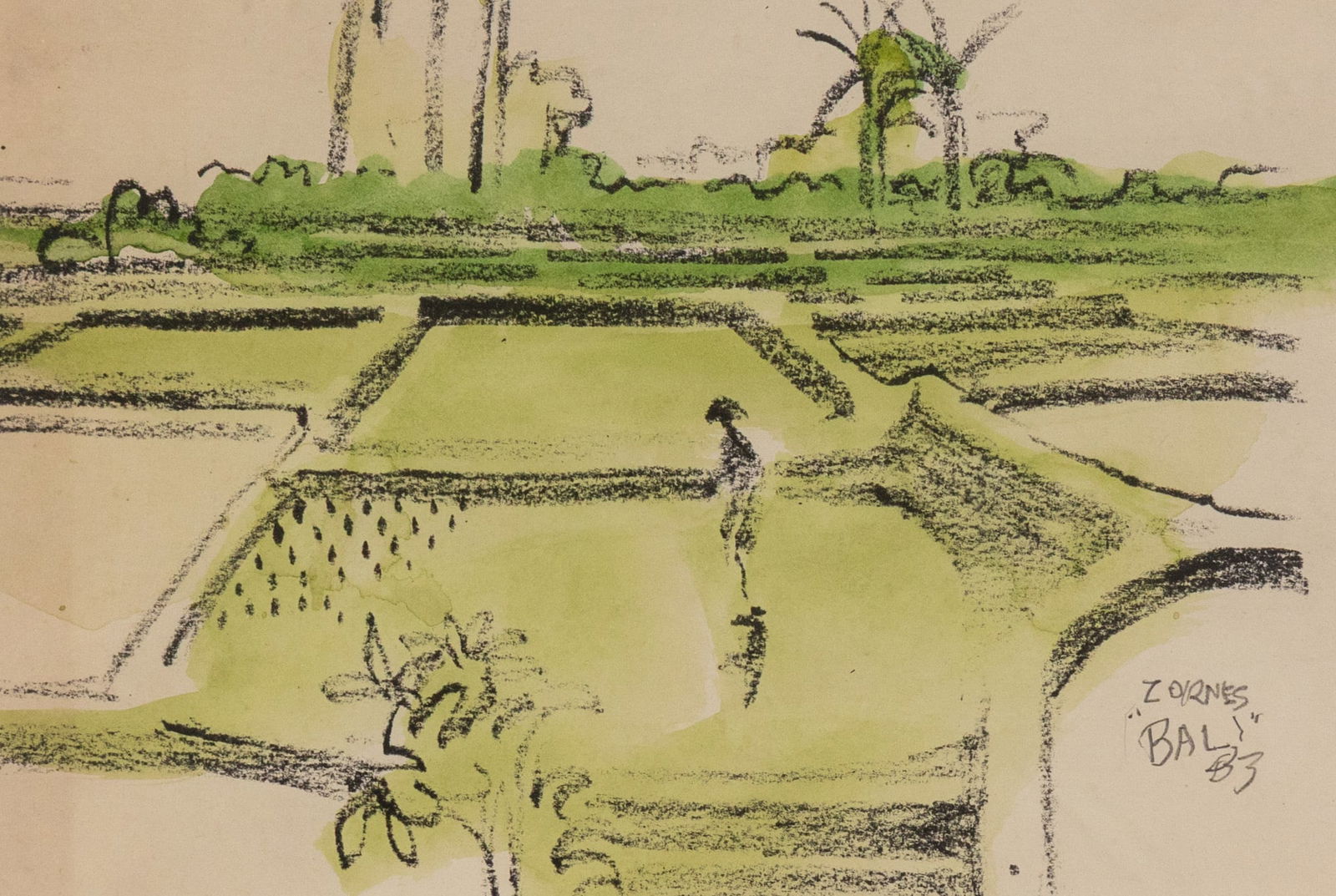 Milford Zornes (1908-2008) | "Rice Fields, Bali" Original Watercolor: An American artist active throughout the 20th century, Milford Zornes worked primarily in watercolor and was first part of the California Scene Painting movement and later worked as a teacher for