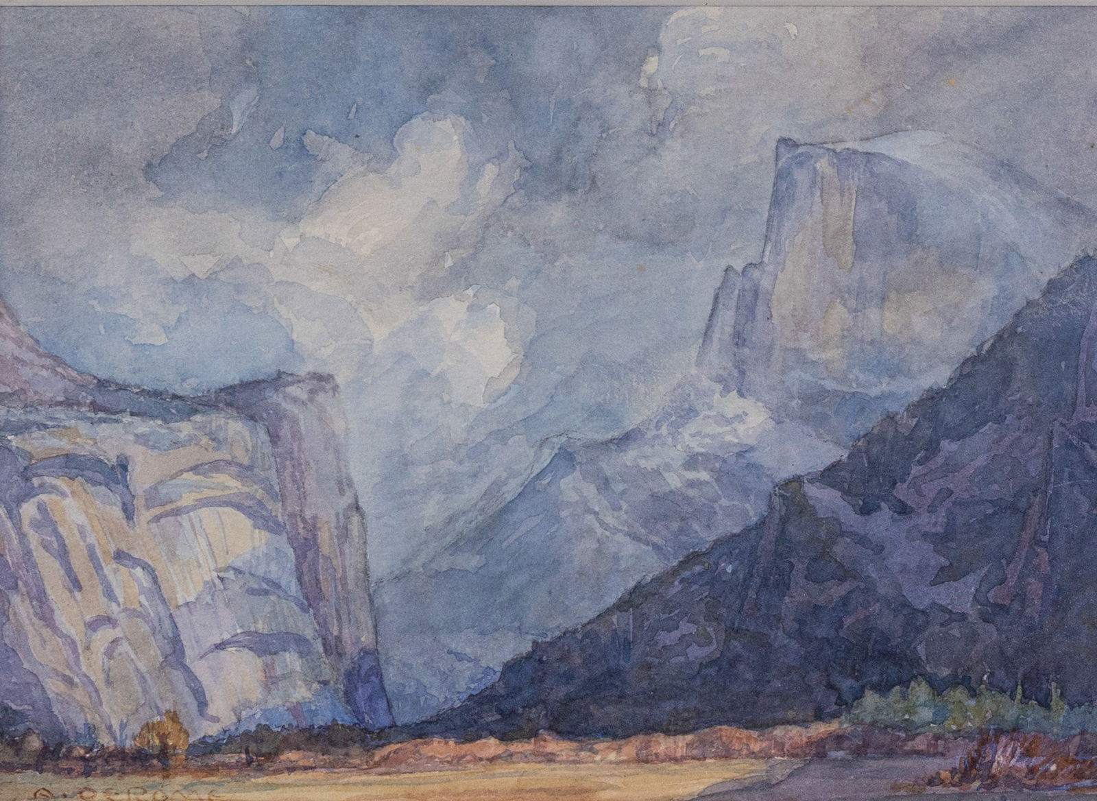 Albert DeRome (1885-1984) | "Yosemite Valley" 1917, Original Watercolor: Albert Thomas DeRome (1885-1959) was an American painter from California, notable for his work in oil and watercolor depicting American landscapes. This piece, titled "Yosemite Valley" depicts the