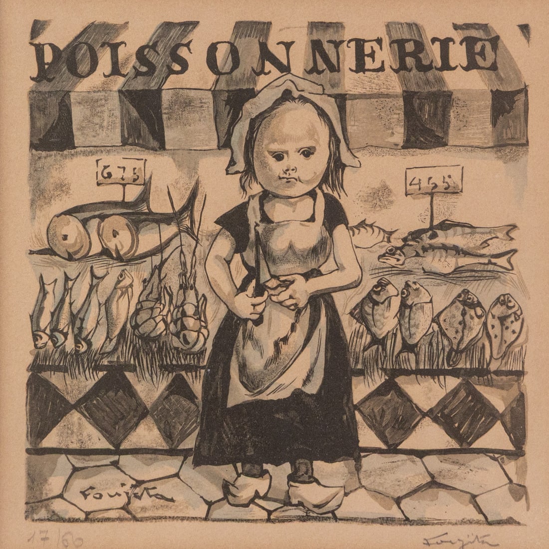 Tsuguharu Foujita (1886-1968) | "Poissonnerie" Wood Cut Print: Tsuguharu Foujita, a Japanese French artist who was active throughout the first half of the 20th century, is most remembered for his work during the "années folles" (the literal translation