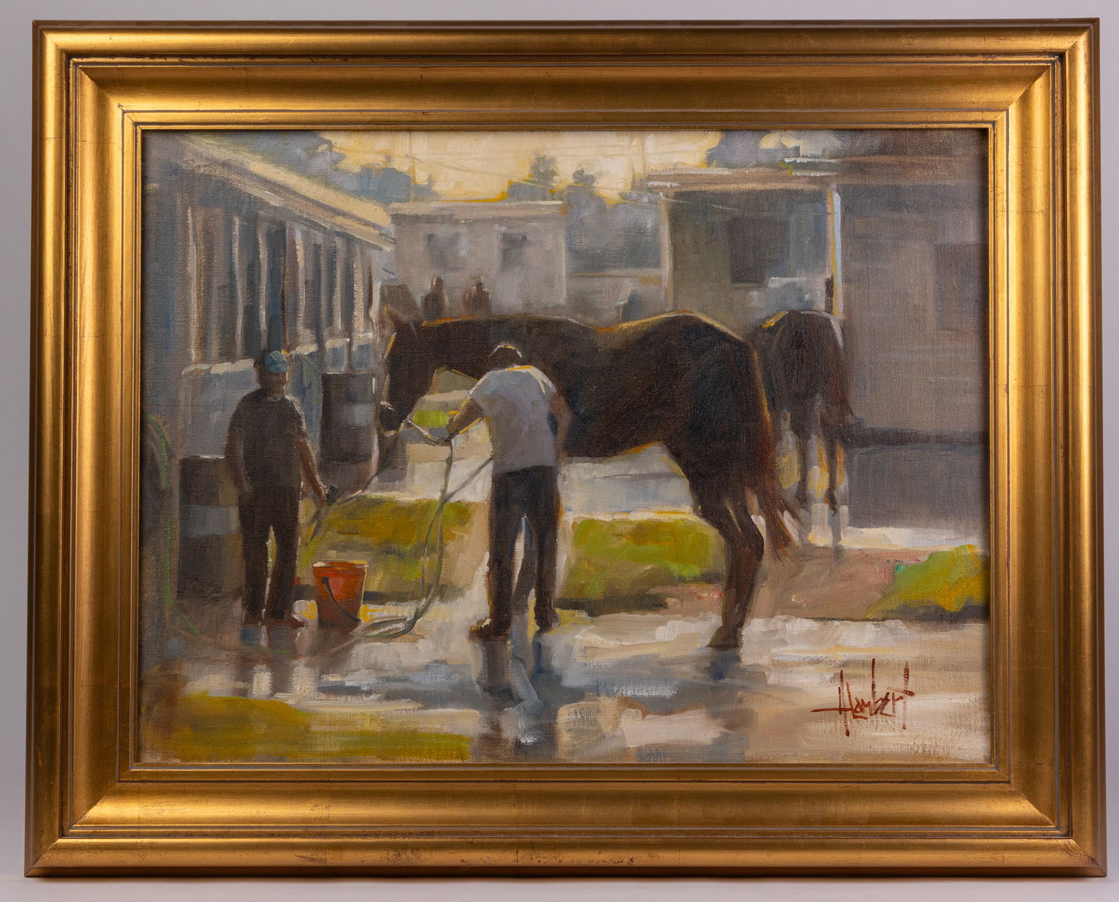 Hilarie Lambert | "The Backstreet" Contemporary Impressionism, Oil on Canvas: This painting, titled "The Backstreet", depicts men at the stables tending to horses in an impressionist style. The painting is mounted into a minimalist gold frame. Signed in the lower right corner