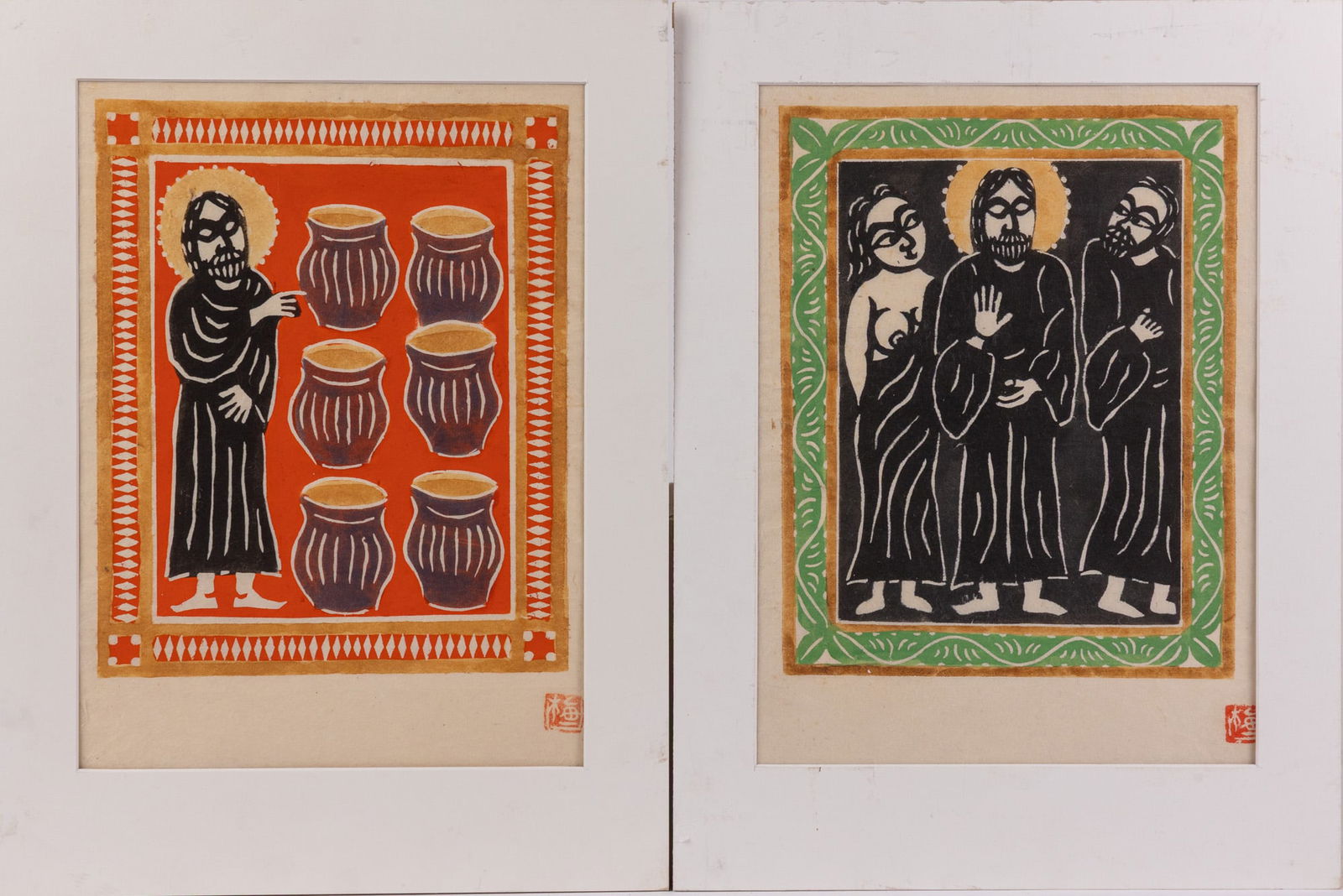 Umeji Senda (1920-1997) | (2) Woodblock Prints: These two works by Umeji Senda, a Japanese artist known for his woodblock prints, depict two biblical scenes from the New Testament, namely Jesus performing the miracle of transforming water into wine