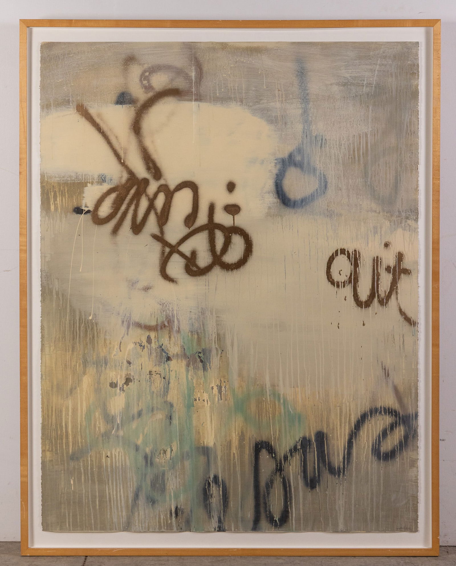 Janet Towbin | Original Oil on Canvas: Janet Towbin is an American artist active during the 20th and 21st centuries. This large original composition features graffiti style illustration in muted tones. It is signed and dated 1197 by the