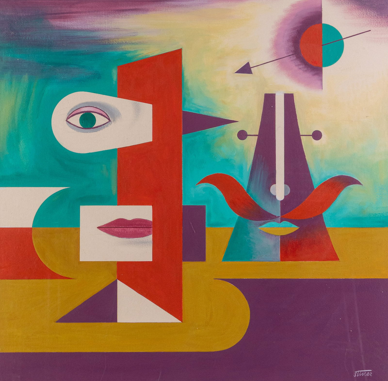 Walter Stiner (1909-1996) | Untitled Original Abstract Oil Painting: Born in Germany, Stiner immigrated to the United States to pursue his artistic passions in 1929 and studied under George Grosz and Kuniyoshi, as well as at the Art Students League in New York, and