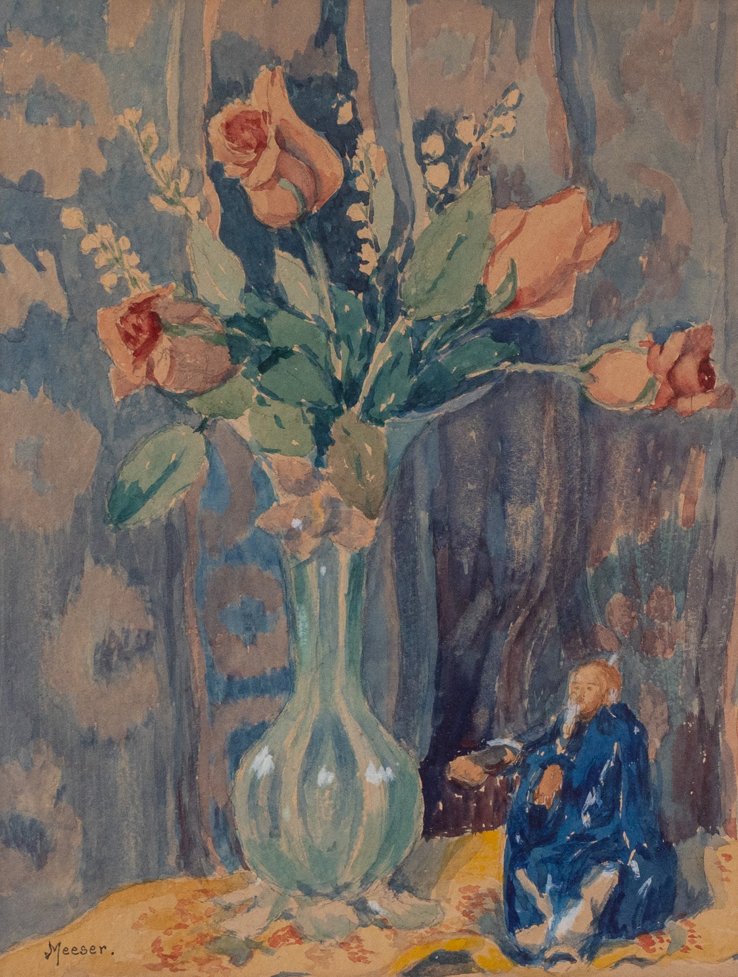 Lillian Burk Meeser (1864-1942) | Still Life with Roses and a Figurine, Original Watercolor: Born in Ridley Park, Pennsylvania, Lillian Meeser studied at the Pennsylvania Academy of Fine Arts as well as the Worcester Art Museum in Massachusetts. She was notable for her expressive still life a