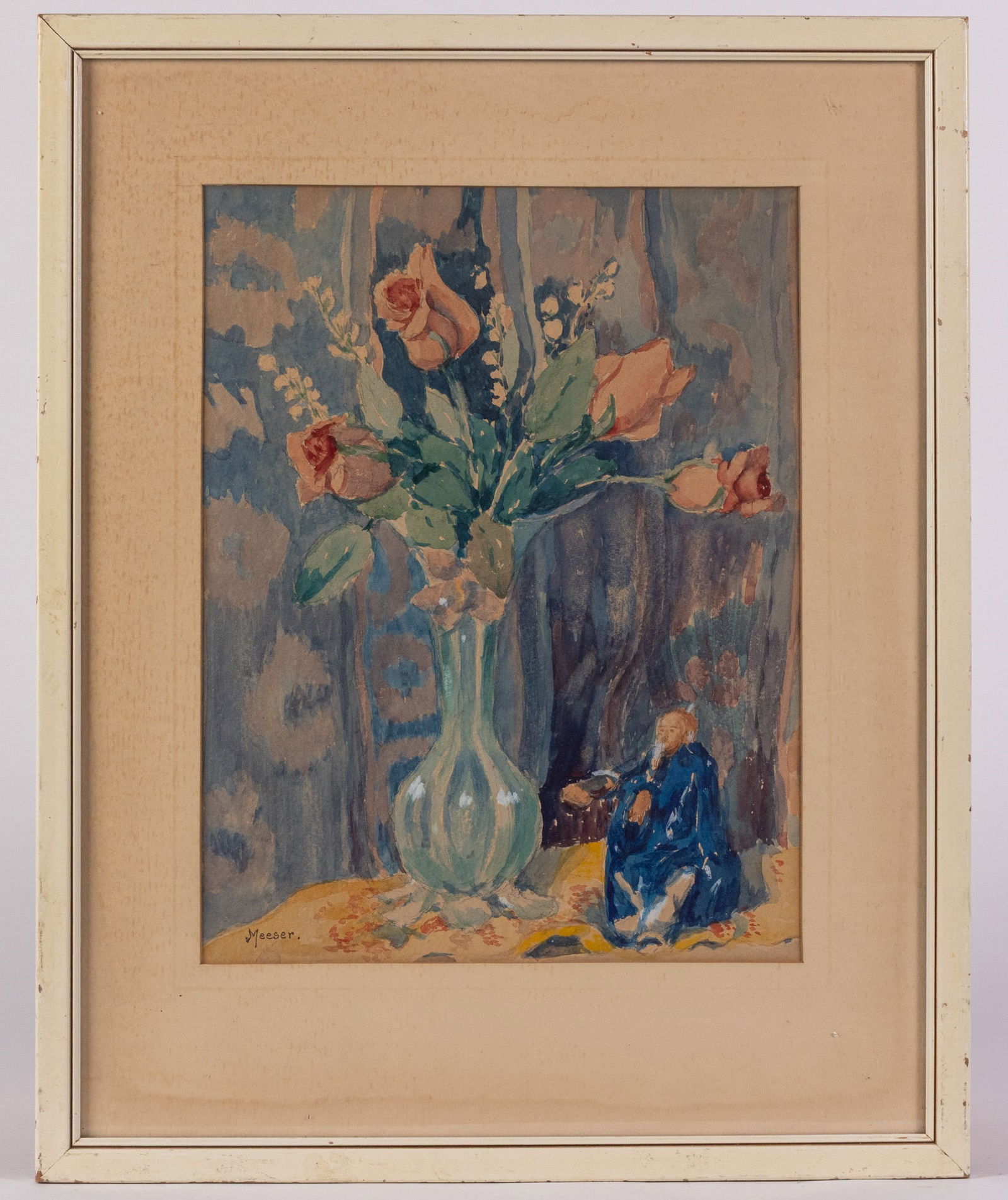 Lillian Burk Meeser (1864-1942) | Still Life with Roses and a Figurine, Original Watercolor - 2