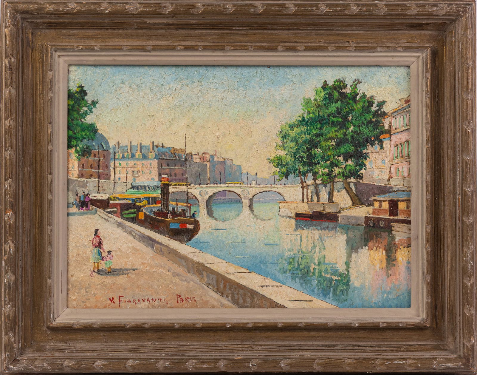 V. Fioravanti | Original Oil on Board: This original oil on board by Italian artist V. Fioravanti depicts a Parisian street scene. It is signed by the artist in the lower left hand corner and housed in a gold toned frame.Size15" x