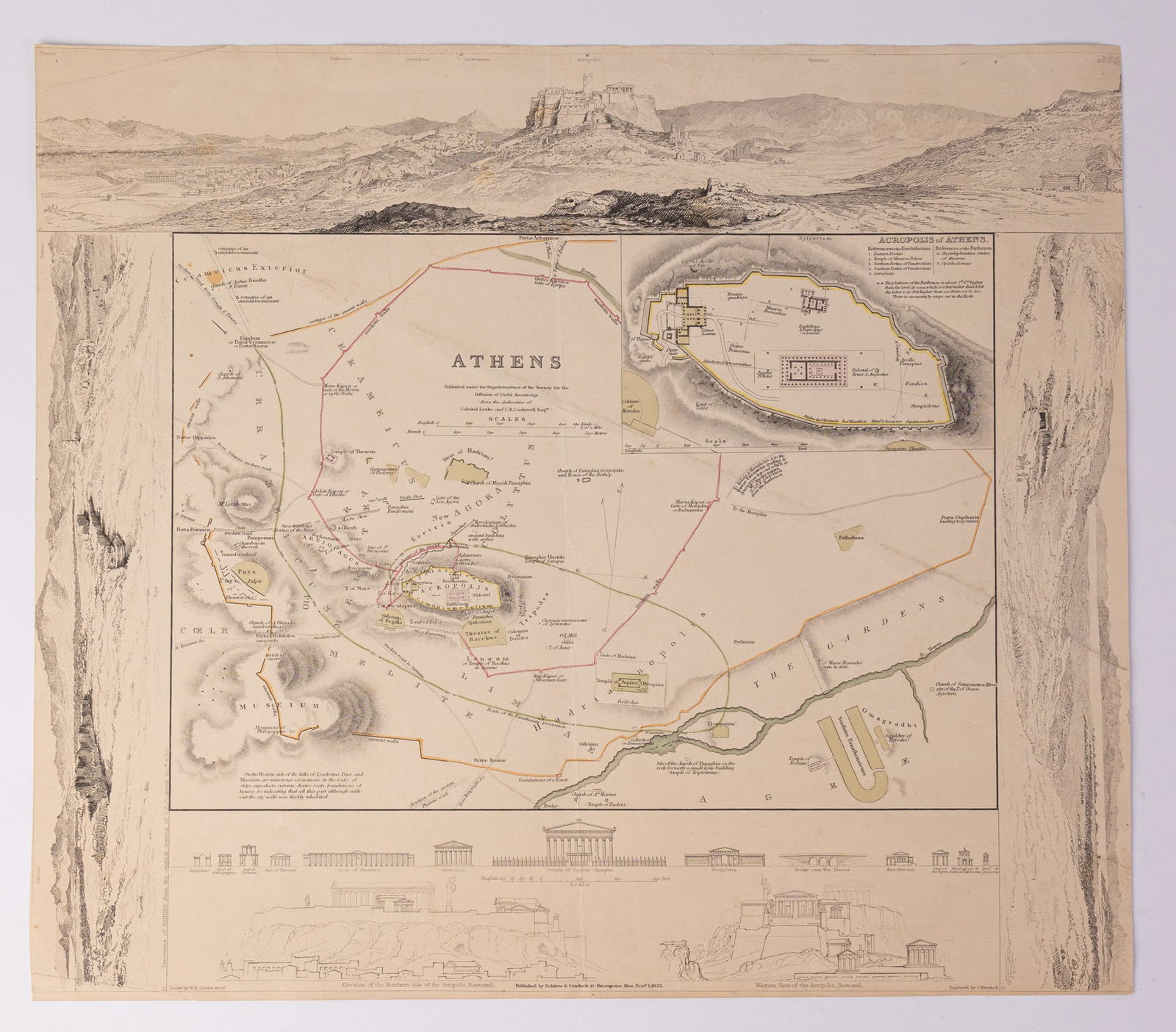 1832 Athens and the Acropolis Map by W.B. Clarke, J Henshall: An 1832 map depicting Athens and the Acropolis, published by Baldwin & Cradock, originally illustrated by W.B. Clarke, engraved by J. Henshall. Finely illustrated map with high attention to detail,