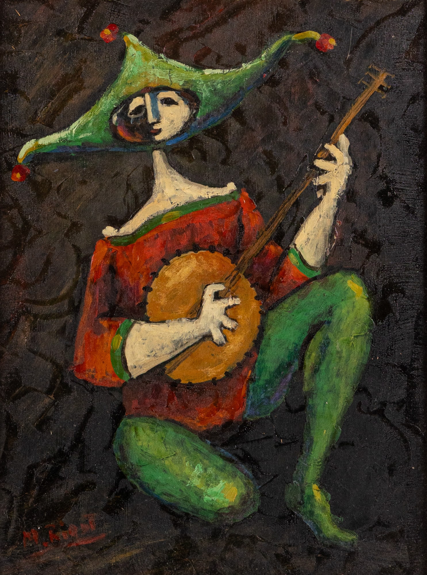 Harlequin Figure, Original Oil on Canvas: This piece features a charming, whimsical little jester figure kneeling towards the viewer, serenading his audience with a stringed instrument. Although the piece has been signed by the artist in the