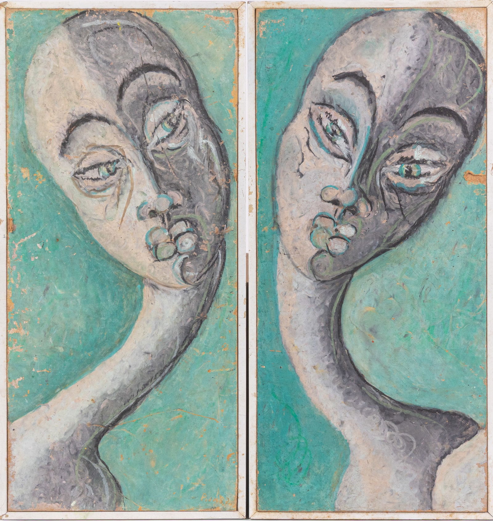 Pair of Outsider Art Oil Pastels: This pair of pieces feature highly stylized, humanoid alien-like figures, rendered in grey and blue oil pastel. They are unsigned and unattributed, leaving the artist a mystery, much like the nature