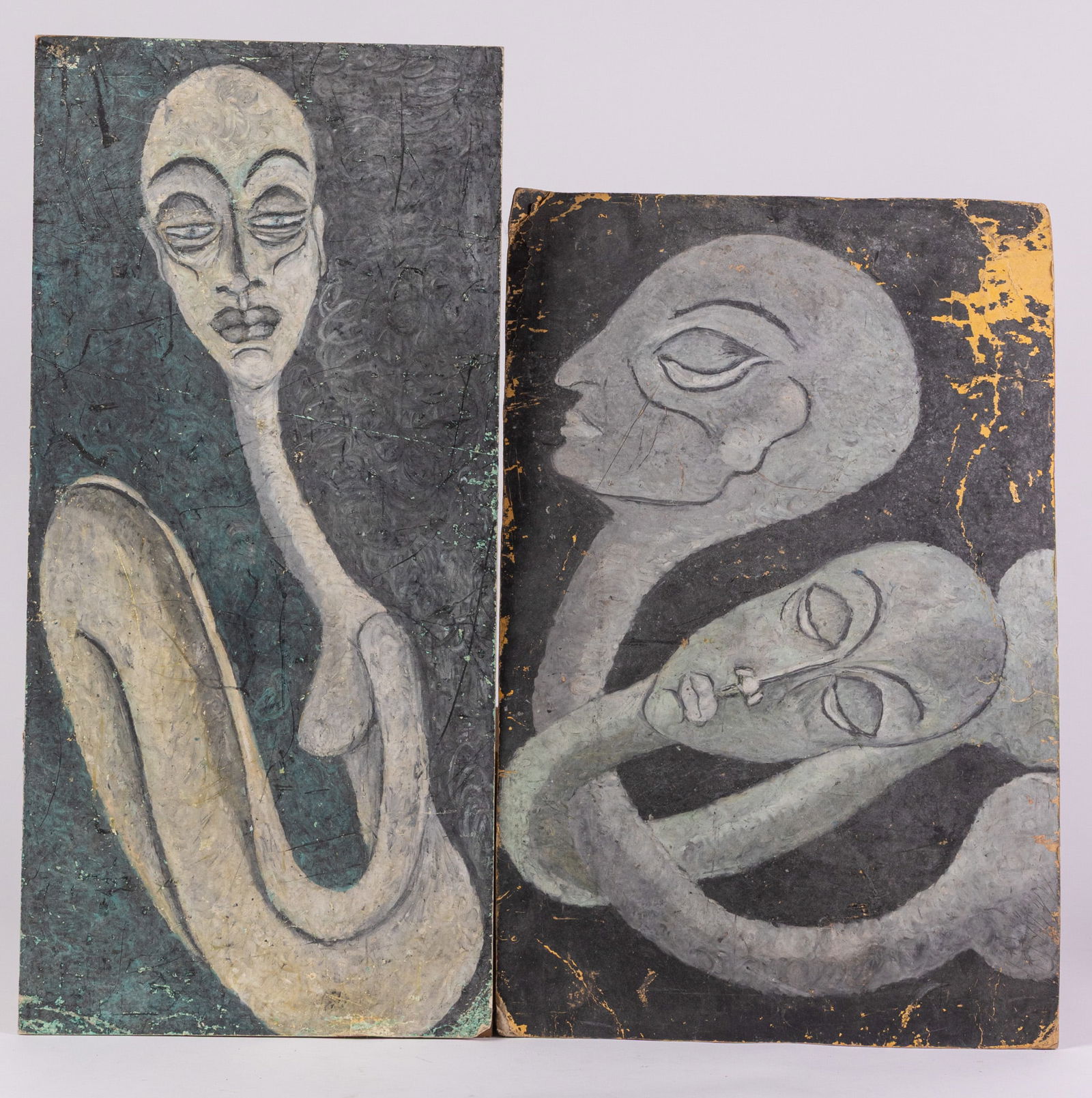 Pair of Outsider Art Oil Pastels: This pair of pieces feature highly stylized, humanoid alien-like figures, rendered in grey and blue toned oil pastel. They are unsigned and unattributed, leaving the artist a mystery, much like the