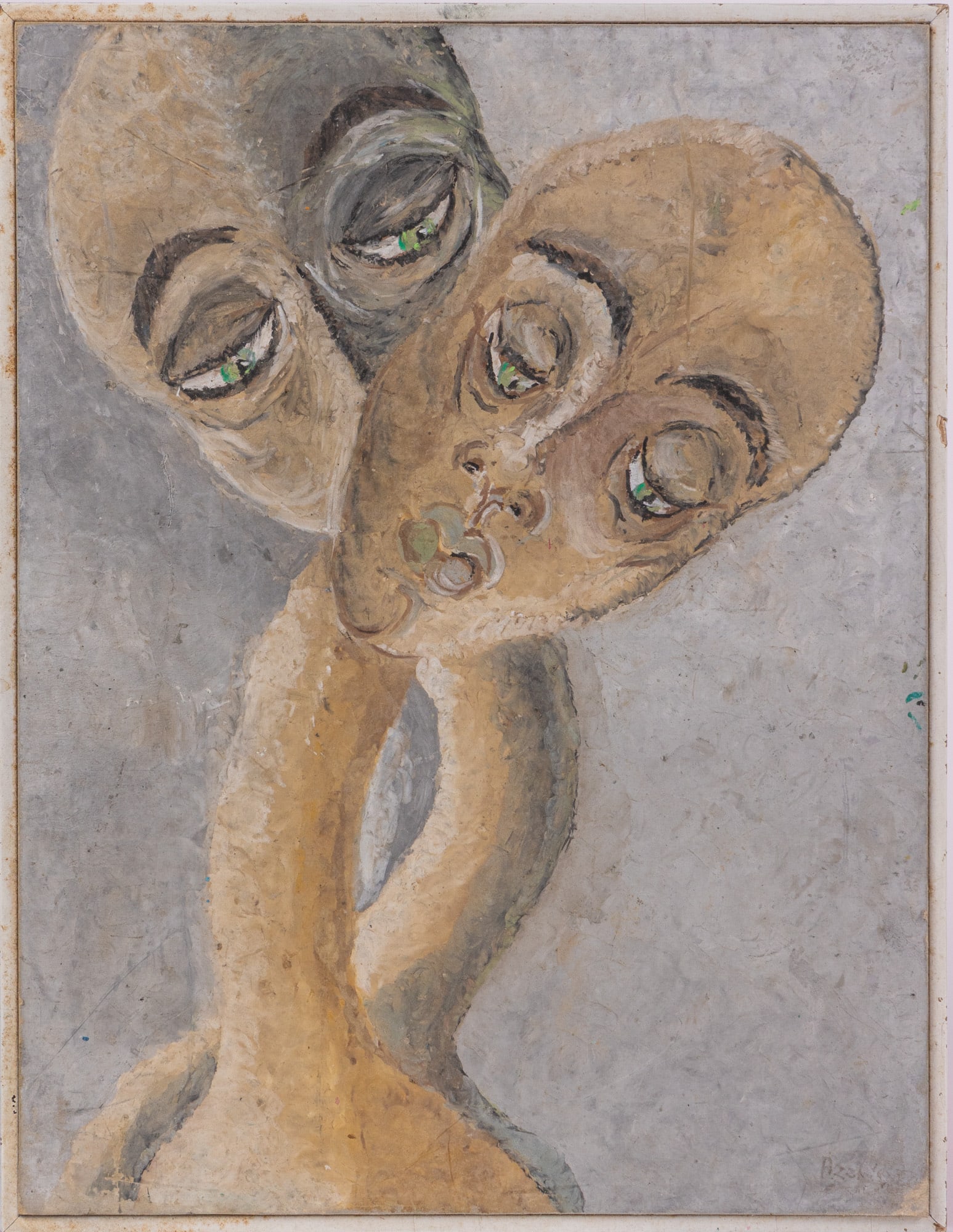 Outsider Art Oil Pastel: This original oil pastel by an unknown artist features two humanoid, alien-like figures, rendered in shades of grey and beige, both wearing forlorn expressions. It is housed in a simple white frame,