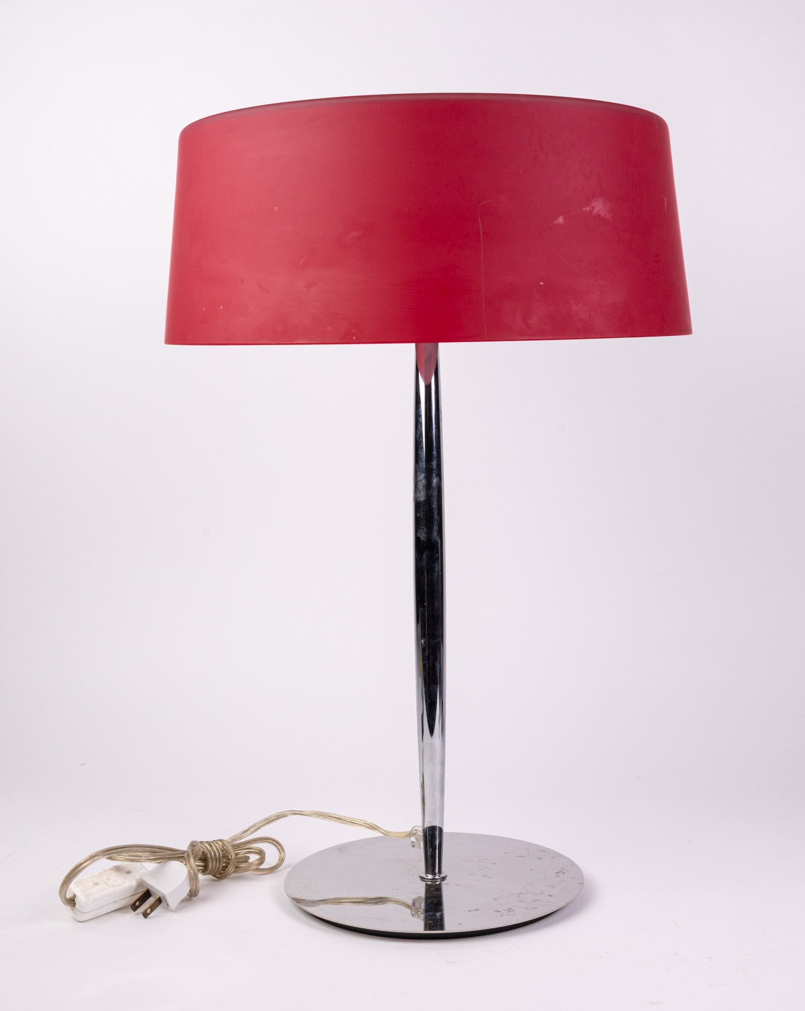 Axolight | Italian Modern Chrome & Deep Red Satin Glass Shade Lamp: blending contemporary elegance with bold color. Its sculptural design and diffused light create a striking, atmospheric accent suitable for modern interiors.Size23" x 15" x 15"LiteratureBrooks