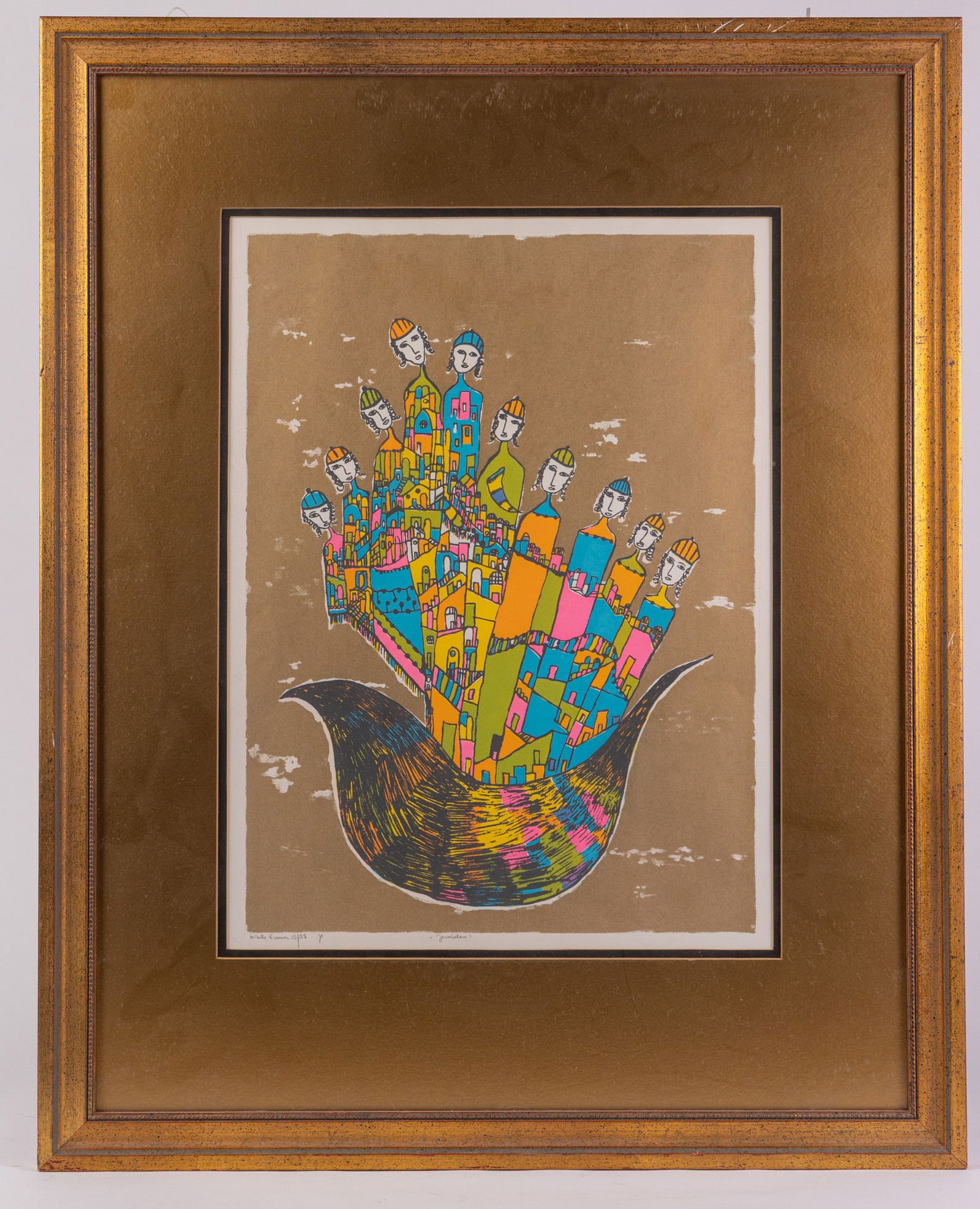 Mireille Kramer (b. 1932) | "Jerusalem" Limited Edition Lithograph: Mireille Kramer is an Egyptian American artist who immigrated to Israel in 1951 and was educated at both the Ecole du Louvre and the Academie Julian in France, as well as the Pratt Institute in New