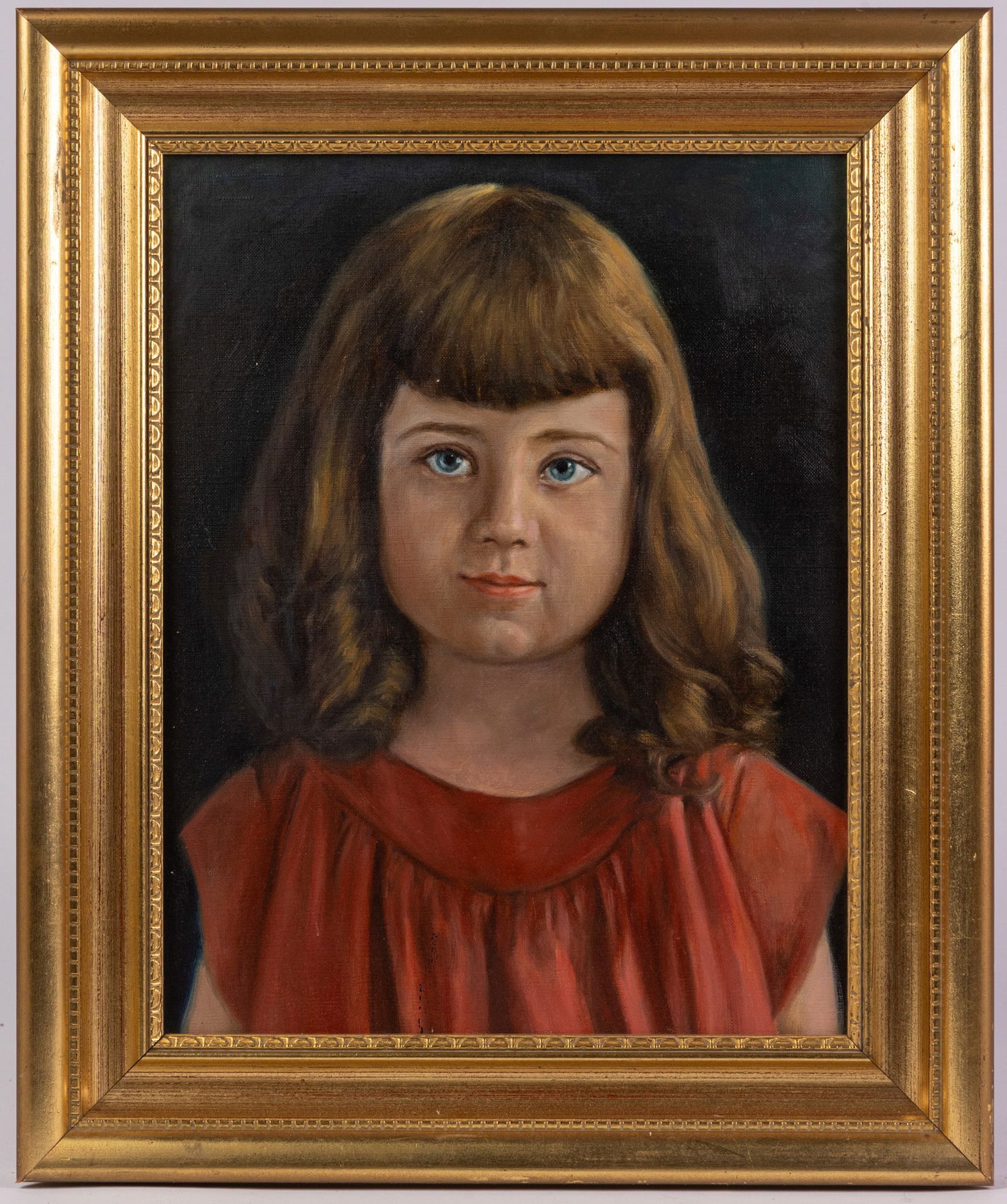 Portrait of a Young Girl, Oil on Canvas: This portrait features a realistic rendering of a young girl with brunette hair and blue eyes against a black background. It is unsigned by the artist and has been placed in an ornate gold toned
