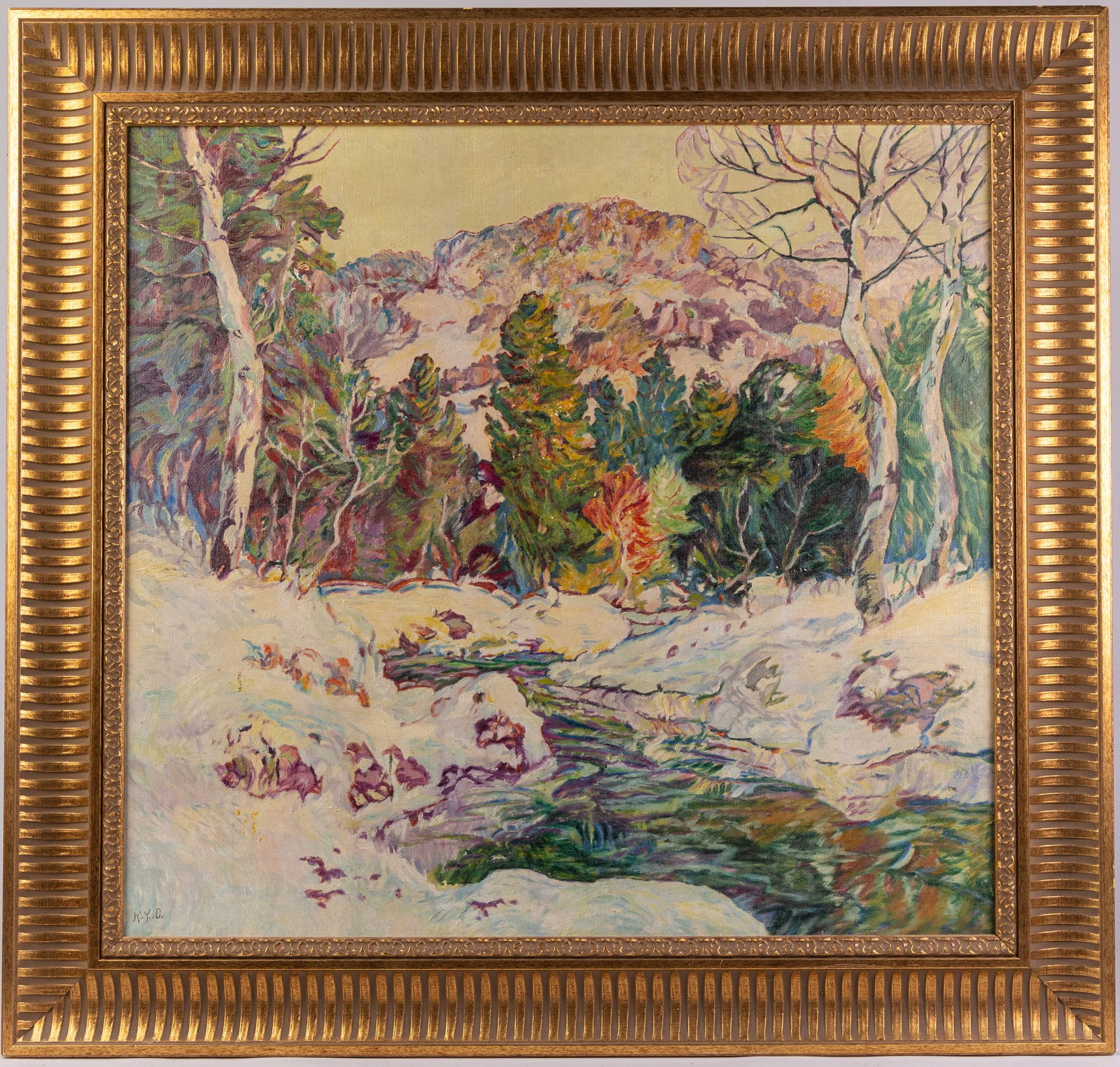Winter Scene, Original Oil on Canvas: Contrary to the typical drab greys and browns of the season, this winter scene is rendered in vivid color, depicting a snow laden creek bed with evergreens that seem to dance around it, a tall