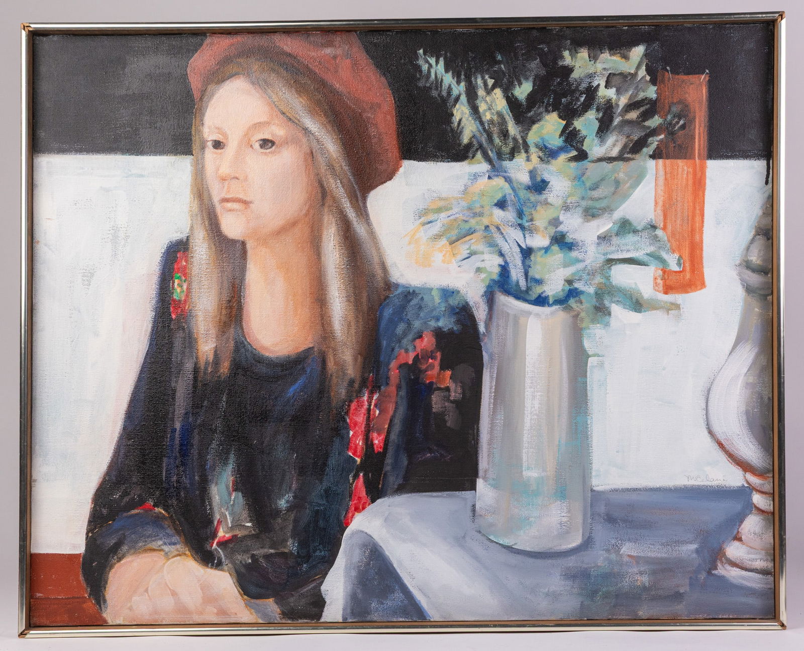 Merle's Daughter, Vintage Original Oil on Canvas: This impressionistic portrait, titled "Merle's Daughter", was painted by Marguerite Celani of Willingboro, New Jersey, and features a skillfully painted contemplative young woman sat at a table