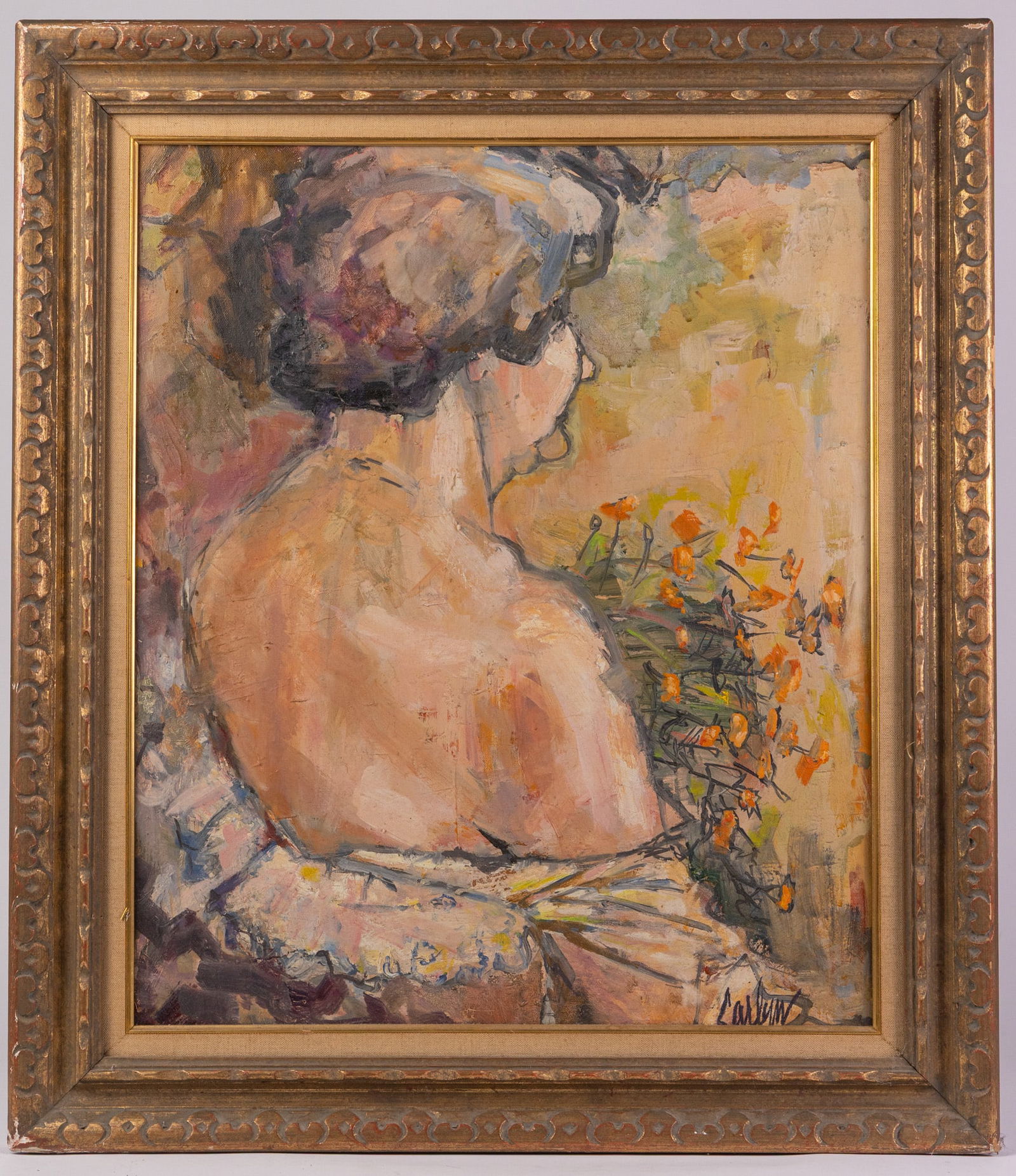 Female Figure, Original Oil on Canvas: Positioned away from the viewer and holding a wild bouquet of orange flowers, the sleeve of her gown falling past her shoulder, this painting captures a beautiful moment in the life of the elderly wom