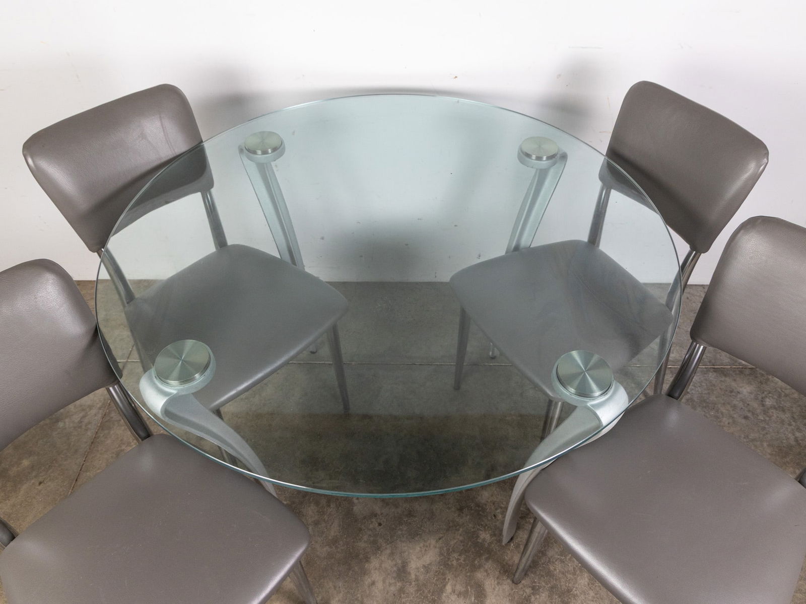 Post Modern Glass "Curva" Dining Table & Grey Leather "Demi" Chairs - 2