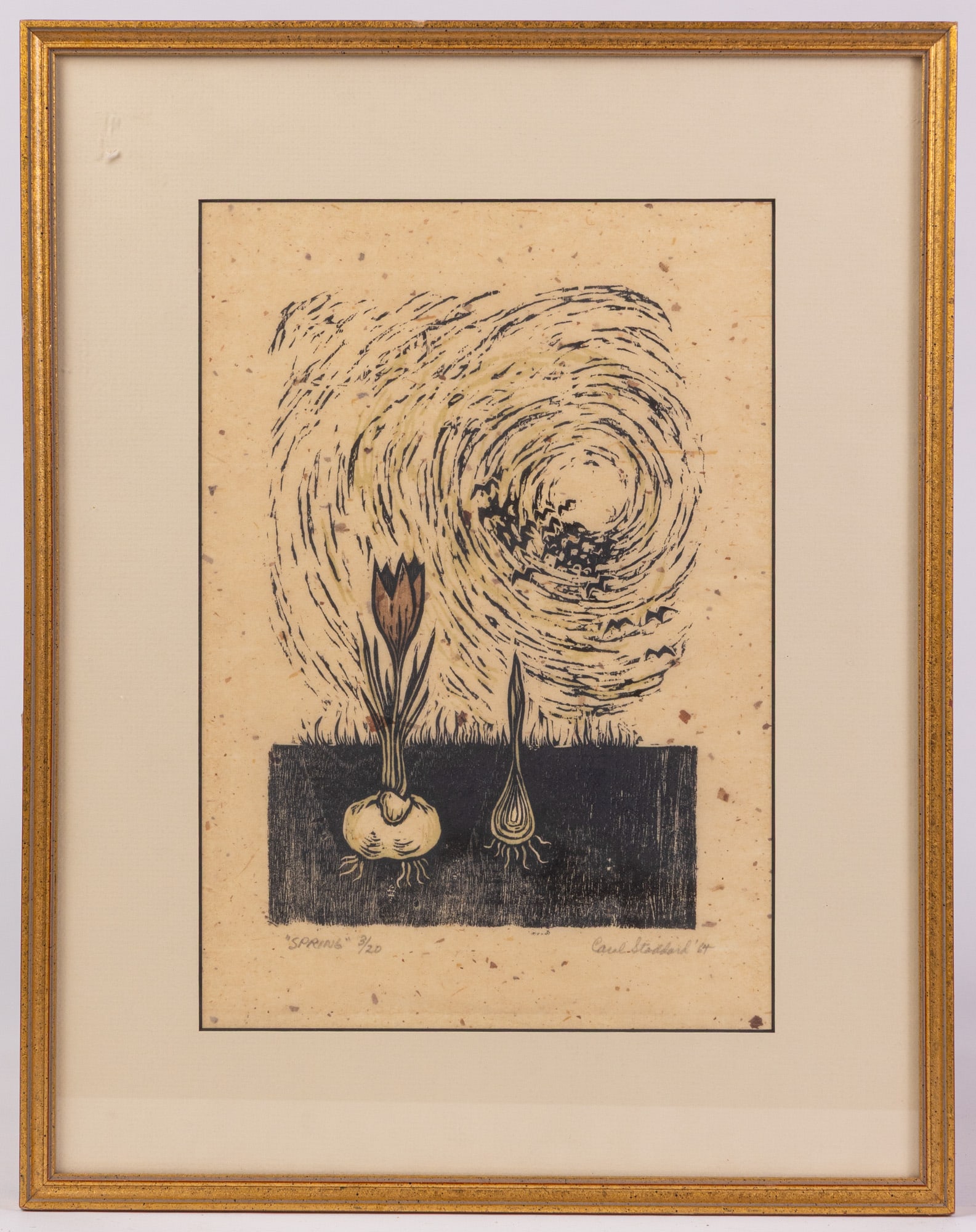 Carol Stoddard | "Spring" Linocut: Vintage linocut depicting a blooming tulip bulb, printed on speckled paper, signed by the artist in the lower right hand corner, numbered 3/20 and titled "Spring" in the lower left. Simple gold toned