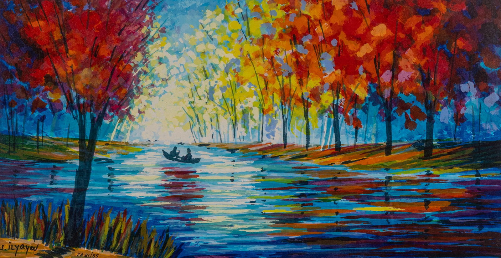 Slava Ilyayev (b. 1970) | "Lake" Limited Edition Print: Slava Ilyayev is an Azerbaijani-Israeli artist known for his intensely pigmented landscape scenes, such as this scene featuring a pair of figures floating on a prismatic lake scene. This print number