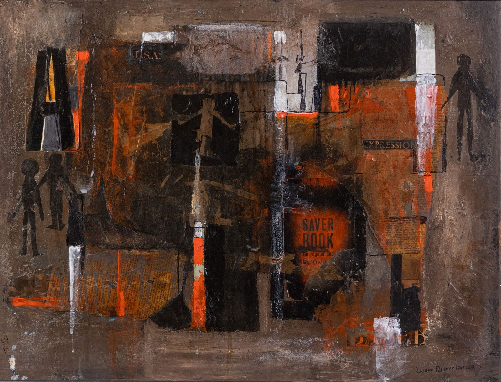 Lynne Flexner Berger (1916-2015) | Original Collage: Lynne Flexner Berger was an American artist who worked mainly in mixed media and collage. This work, likely dating to the mid to late 20th century, combines printed text from gloomy, yellowed