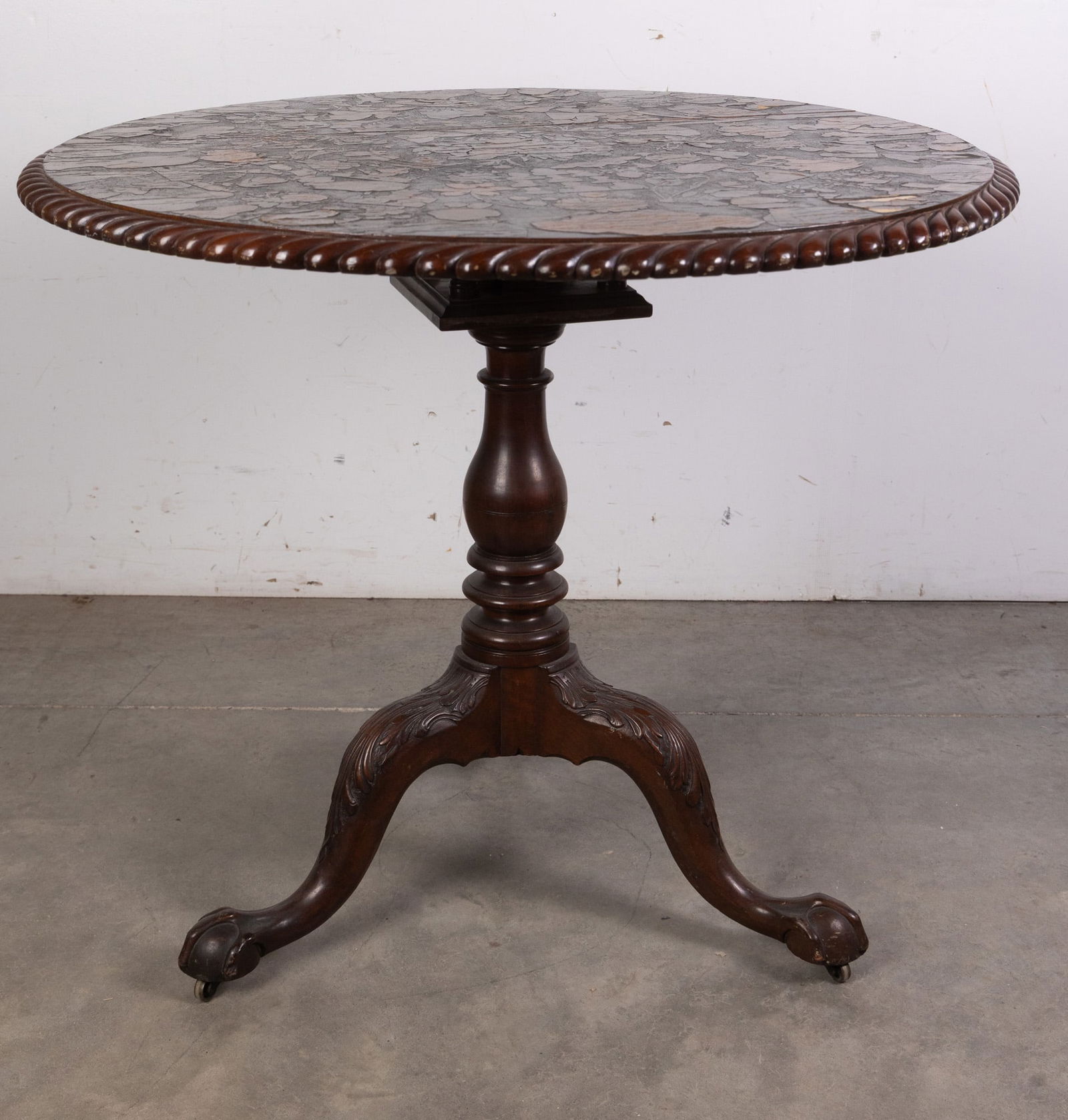 Antique Decoupage Tilt Top Table: Découpage, coming from the French verb "to cut", découpeur, has a history that stretches at least as far back as the 12th century and has historically been practiced by both common people