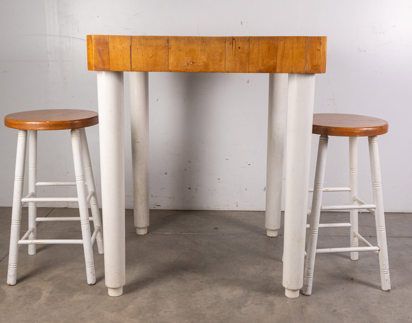Vintage Butcher Block Table: Vintage Butcher Block Table, includes two matching stools Literature Brooks Auction – Online Auction Terms & Conditions ——————————R