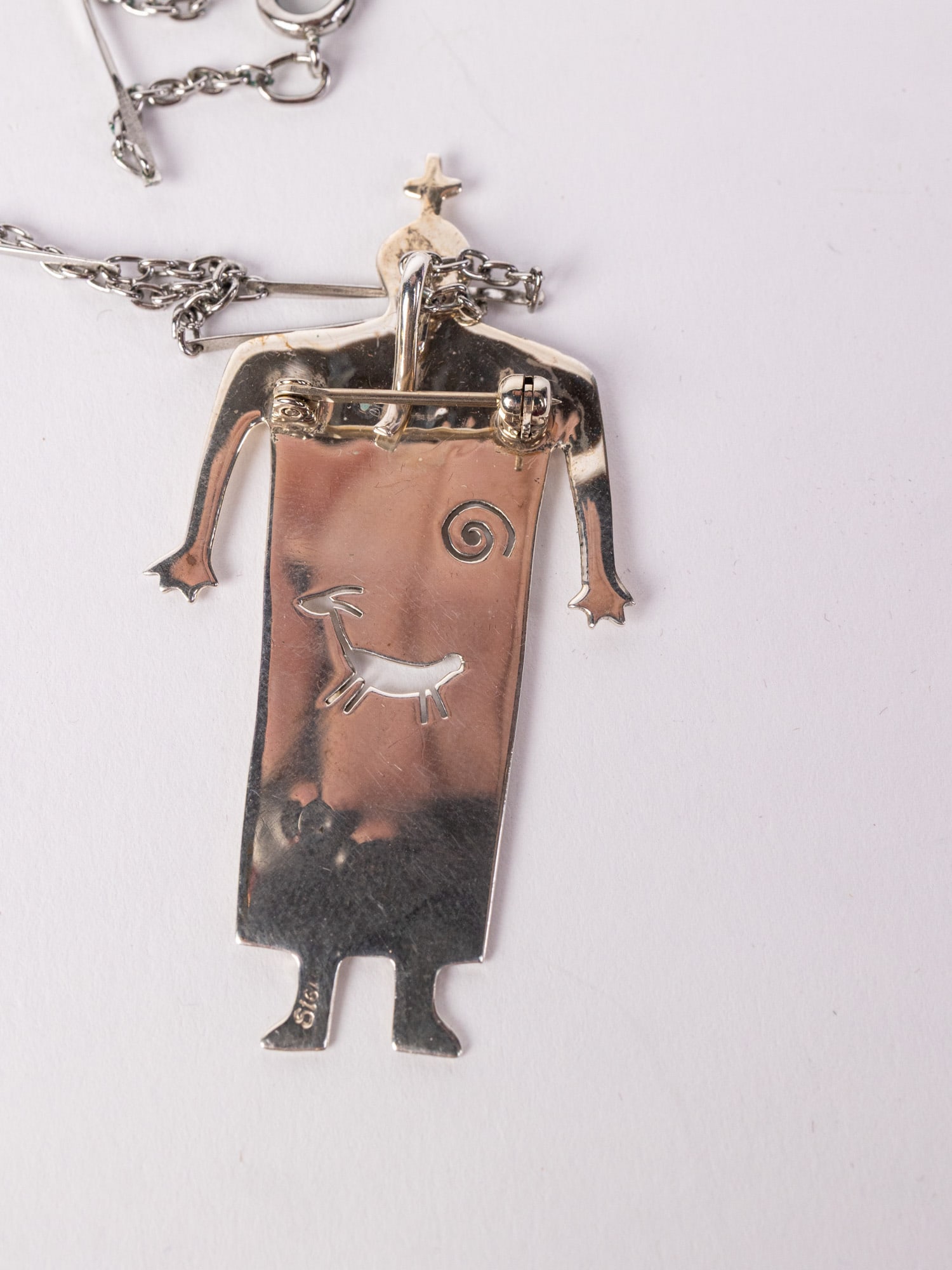 Sterling Native Navajo Petroglyph Pin Pendant & Chain - 3