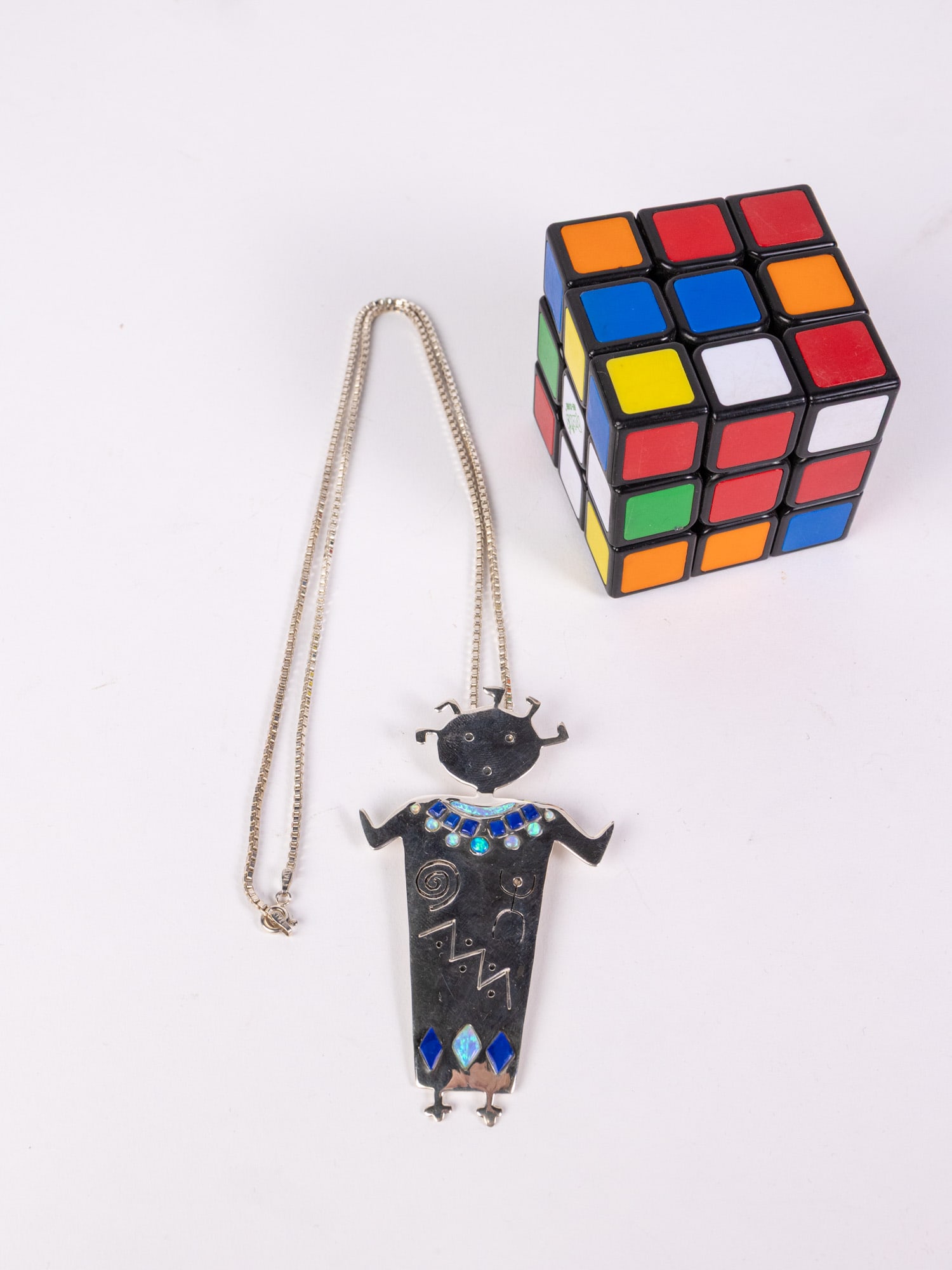 Sterling Native Navajo Petroglyph Pin Pendant w/ Lapis & Opal & Chain - 2