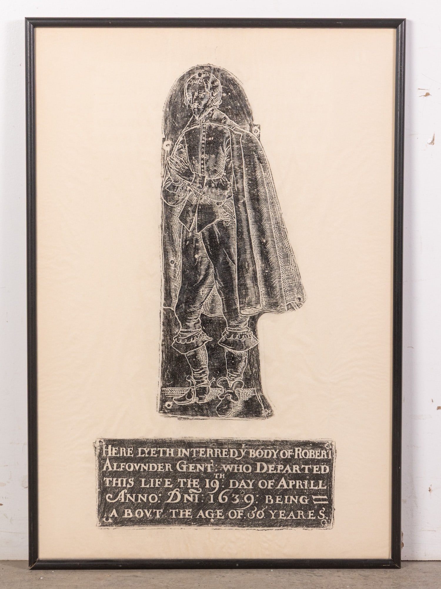 Grave Rubbing of Robert Alefounder Gent (d. 1639) East Bergholdt Church, Suffolk England: Grave Rubbing of Robert Alefounder Gent (d. 1639) East Bergholdt Church, Suffolk England Rubbing by Barbara E. Greenstein c 1968 Black Heelball Wax on Linen in Ebony Lacquer Frame Robert Alefounder (c