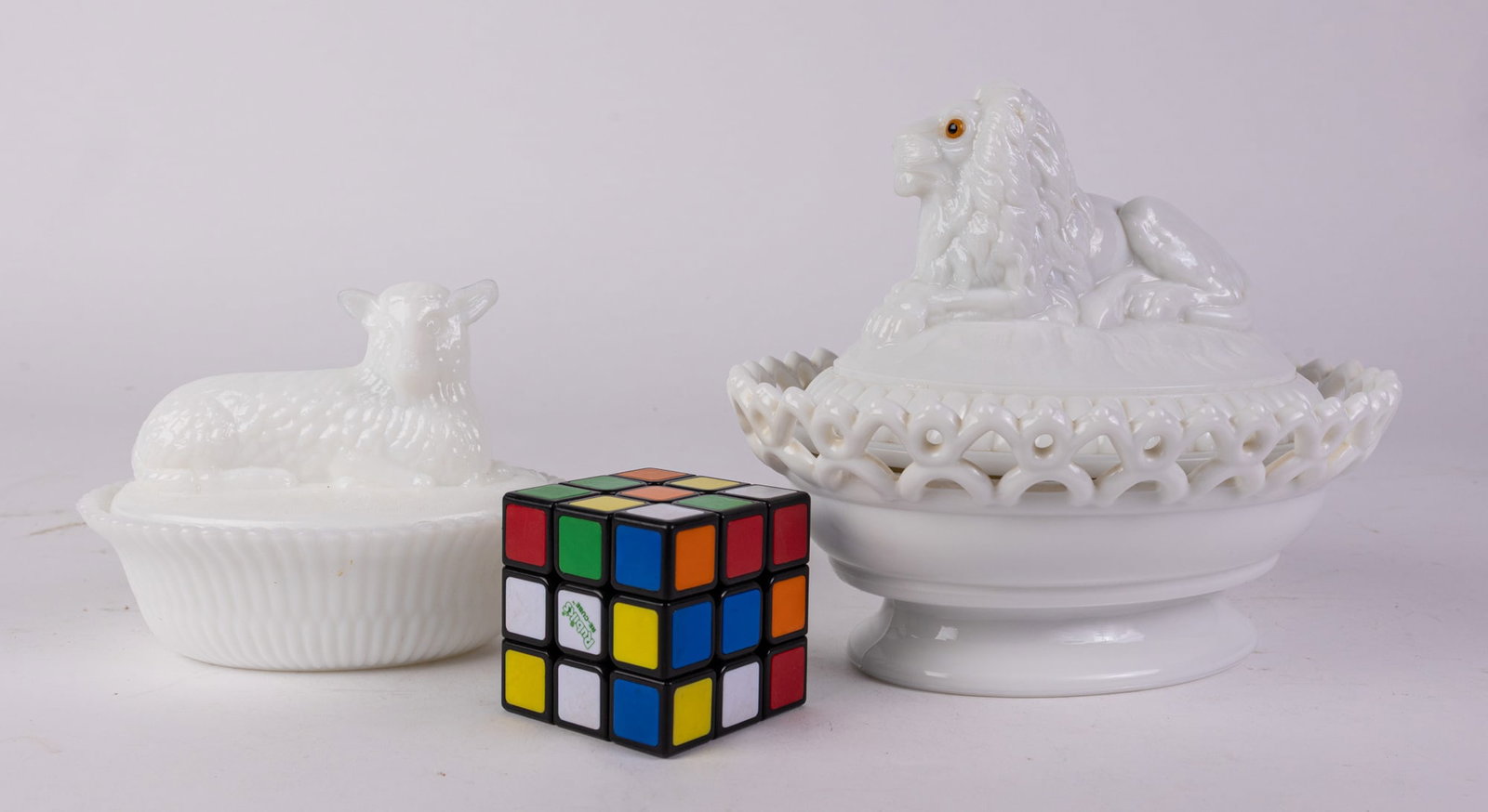 Two Vintage Milk Glass Covered Dishes, Lion and Lamb - 2