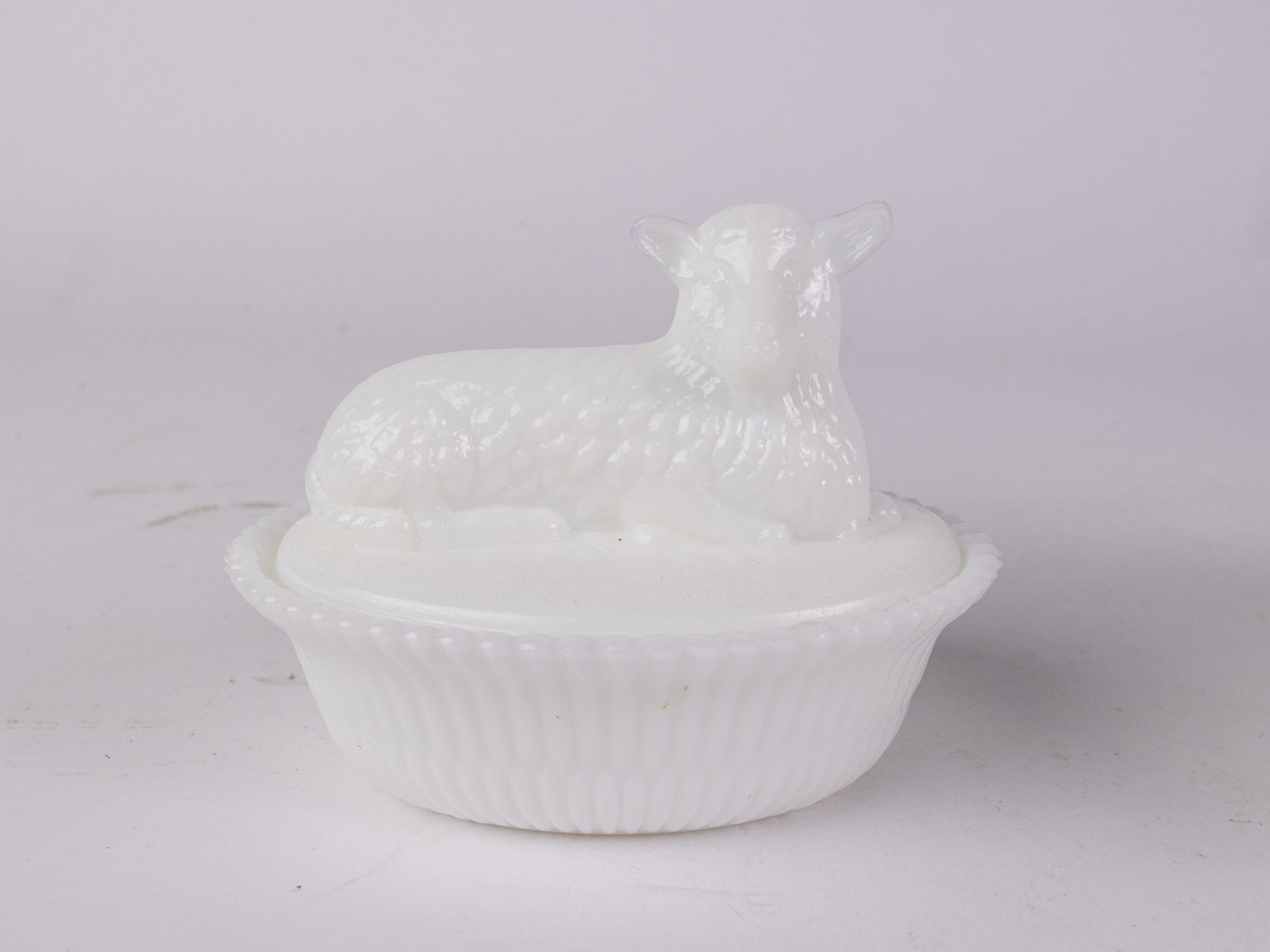 Two Vintage Milk Glass Covered Dishes, Lion and Lamb - 3