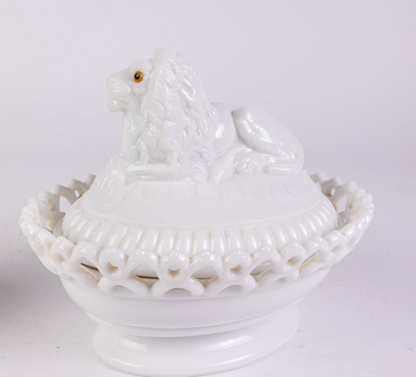 Two Vintage Milk Glass Covered Dishes, Lion and Lamb - 4