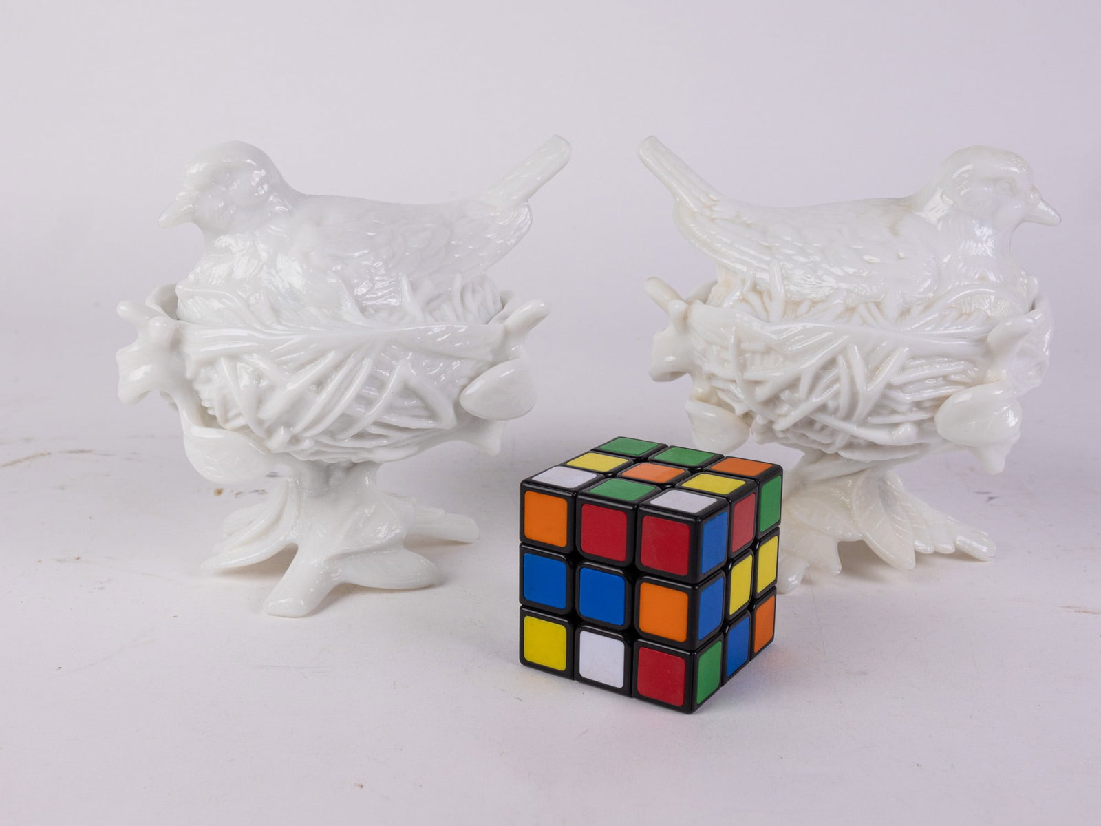 Pair of Vintage Milk Glass Bird in Nest Covered Dishes - 2