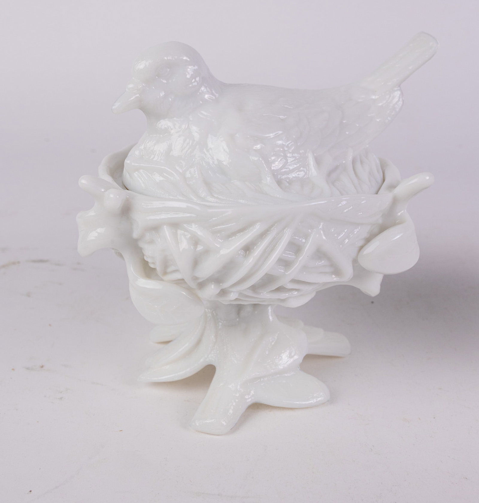 Pair of Vintage Milk Glass Bird in Nest Covered Dishes - 3